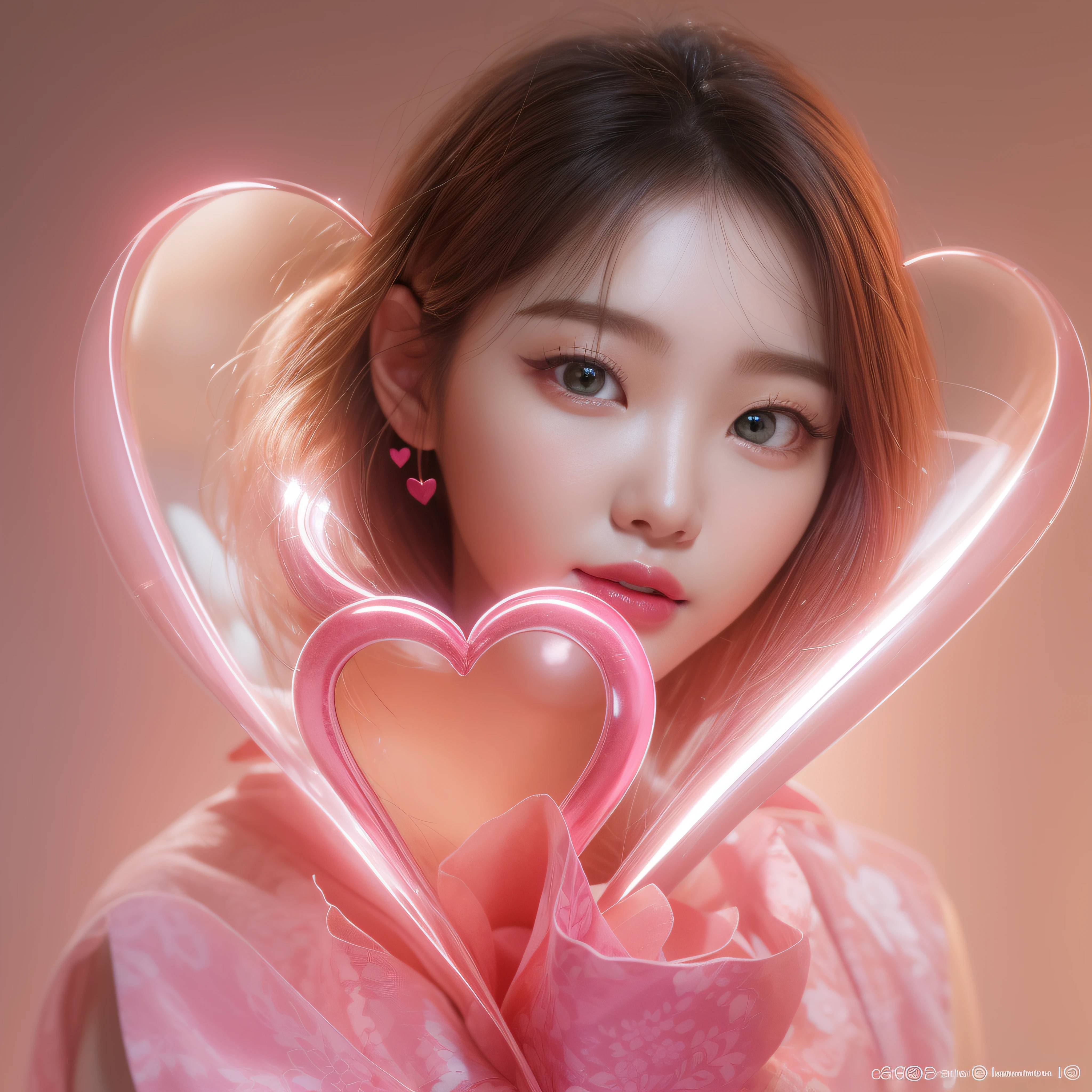 close-up of the smile face、close-up of the smile face、Designer、(realisitic、hight resolution)、(1 girl in)、Do-Up Eye、Korean Girl、(Best Quality), (masutepiece), (1girl in), Solo, a beauty girl, Perfect face, dreamlikeart、Highly detailed airbrush art((Surreal))、Volumetric lighting、(top-quality)、The ultra-detailliert、Highly detailed colorful details、(Bright lighting)、dynamic compositions、Ray traching、The mirror reflects light、Shallow depth of field、ultra-detailliert、mixing exposure、nffsw、Her eyes are pink and glow heart-shaped、The eyes are pink-heart-shaped。Pink glowing three-dimensional heart on background、Pink glowing three-dimensional heart on background、Pink glowing three-dimensional heart on background、