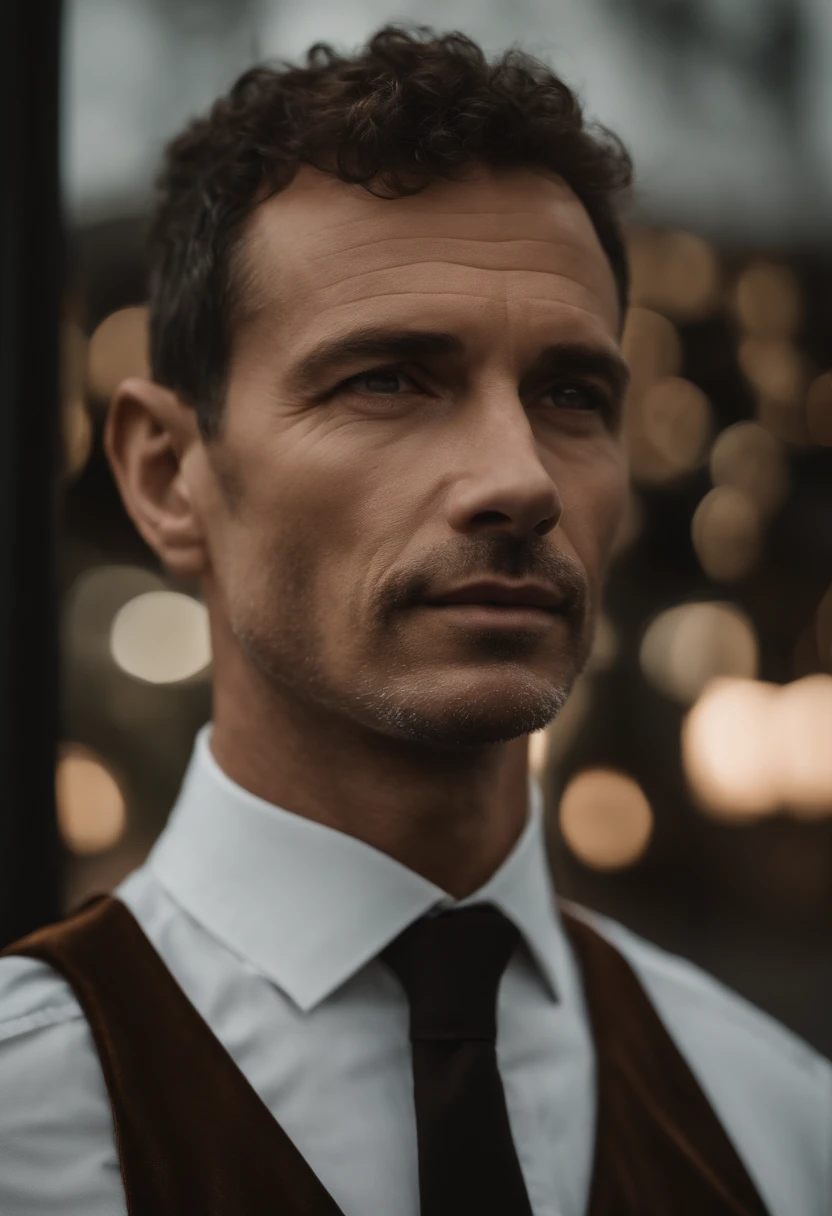 Cinematographic portrait , Un homme Handom, Grand et en forme, (40 ans:1.1), (shaven:1.2), (very short brown fine hair a little curly:1.5),(very short fine hair:1.6). (Black fit velvet suit and White shirt :1.3) . minimalist background, Composition propre, Strong details, muted colors, Hasselblad, style brut