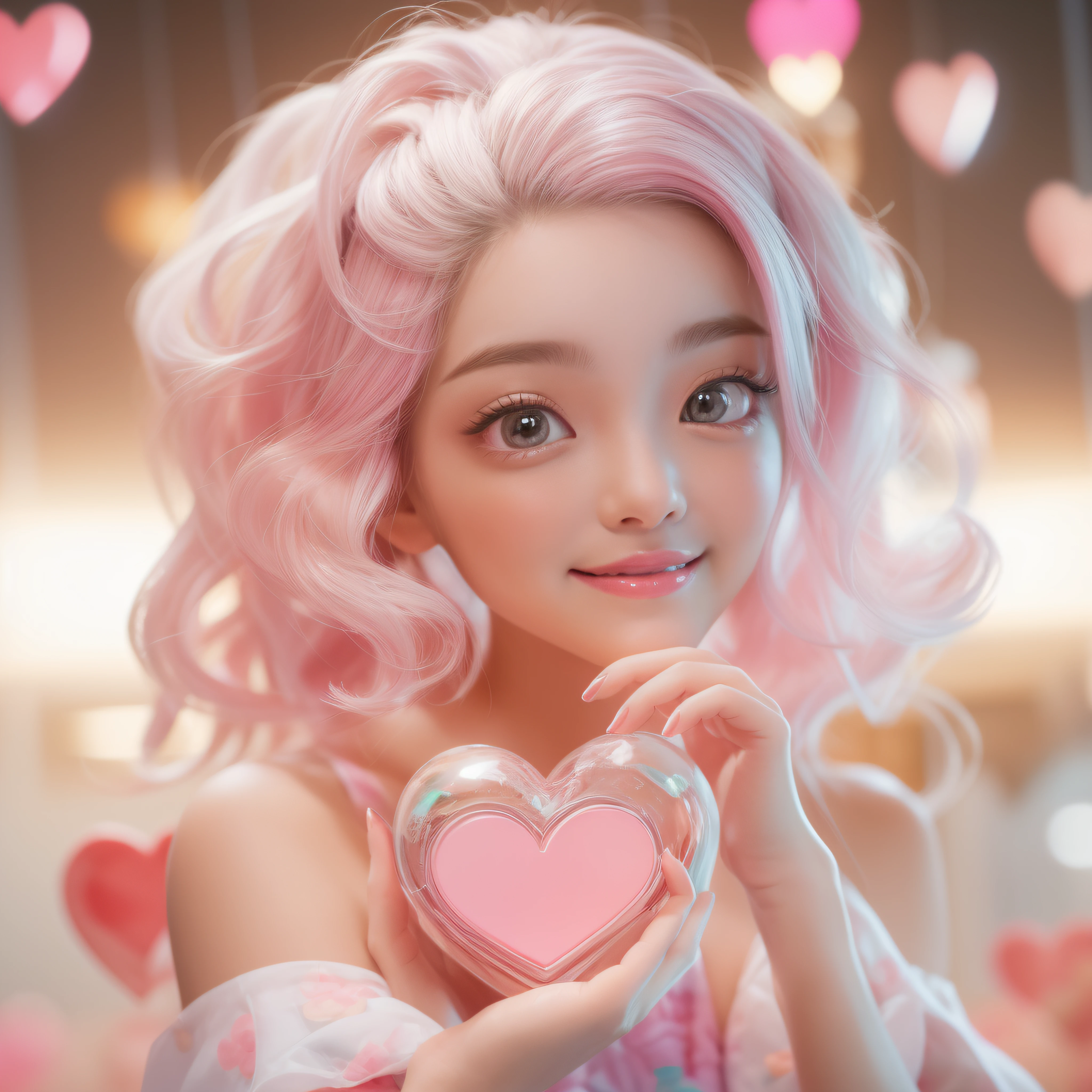 close-up of the smile face、close-up of the smile face、Designer、(realisitic、hight resolution)、(1 girl in)、Do-Up Eye、Korean Girl、(Best Quality), (masutepiece), (1girl in), Solo, a beauty girl, Perfect face, dreamlikeart、Highly detailed airbrush art((Surreal))、Volumetric lighting、(top-quality)、The ultra-detailliert、Highly detailed colorful details、(Bright lighting)、dynamic compositions、Ray traching、The mirror reflects light、Shallow depth of field、ultra-detailliert、mixing exposure、nffsw、Her eyes are pink and glow heart-shaped、The eyes are pink-heart-shaped。Pink glowing three-dimensional heart on background、Pink glowing three-dimensional heart on background、Pink glowing three-dimensional heart on background、