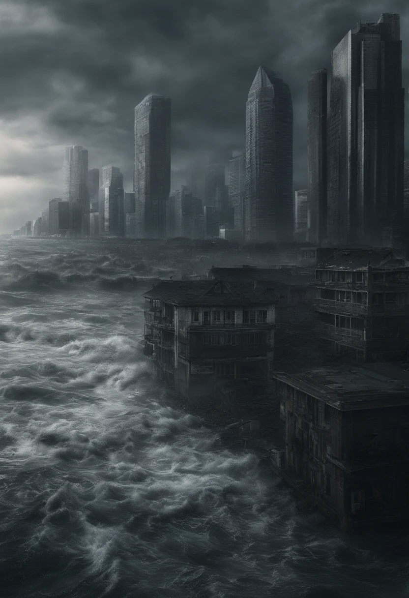 Create a cinematic cityscape,The sea floods the building,Towering tsunami waves pound the city skyline. The lens should capture the absolute power and destructive power of the wave, The building in the foreground is partially submerged, debris flying, and the feeling that disaster is imminent. Long lens camera angle with EE 70mm lens on the Nikon D850, Aim for high resolution, Photorealistic rendering. Ensure that the scene is highly detailed, With HDR lighting, And convey a sense of urgency and confusion.