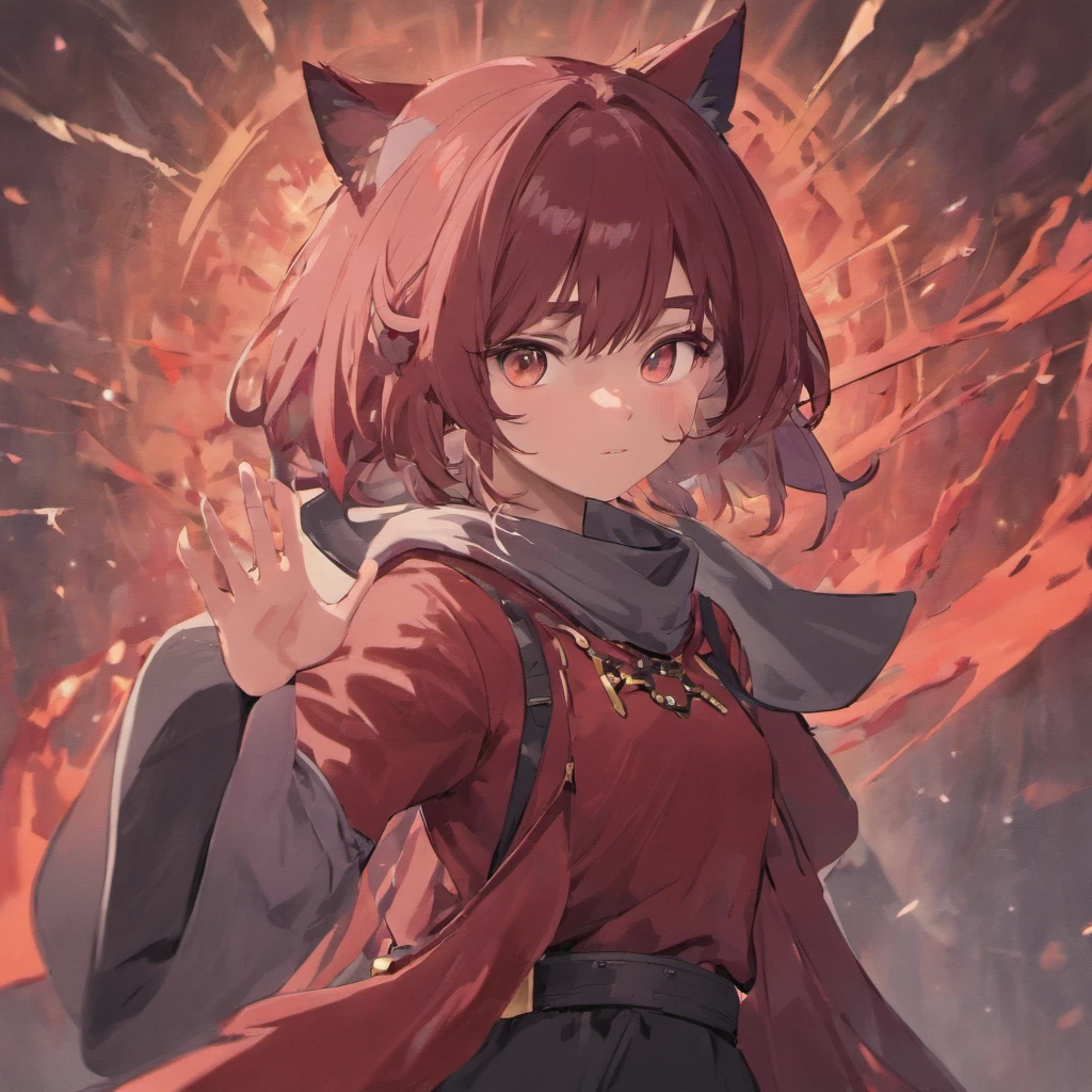 (masterpiece), best quality, expressive eyes, perfect face, fantasy cat girl ninja, hand focused, ninja mask, maroon hair, grey outfit