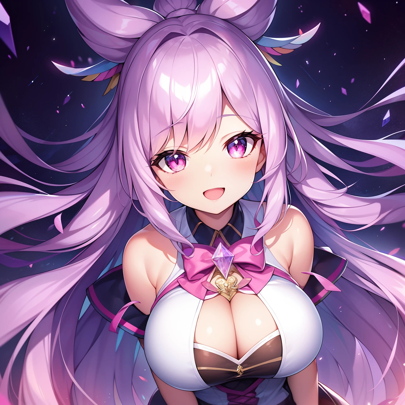 chest out, absurdres, superfine illustration,rainboweffect, highres, ultra detailed,light diffusion,highly detailed light reflection, kaleidoscope, harmonious, best shadow, highly detailed very beautiful big smile face, ;D, beautiful growing crystal diamond star pupil,look at viewer, beautiful detailed hair, solo, dynamic pose, beautiful detailed pink and black ribon, beautiful detailed High school uniform, Fantastic and the whole shines and shooting star and the wind is strong in detail background