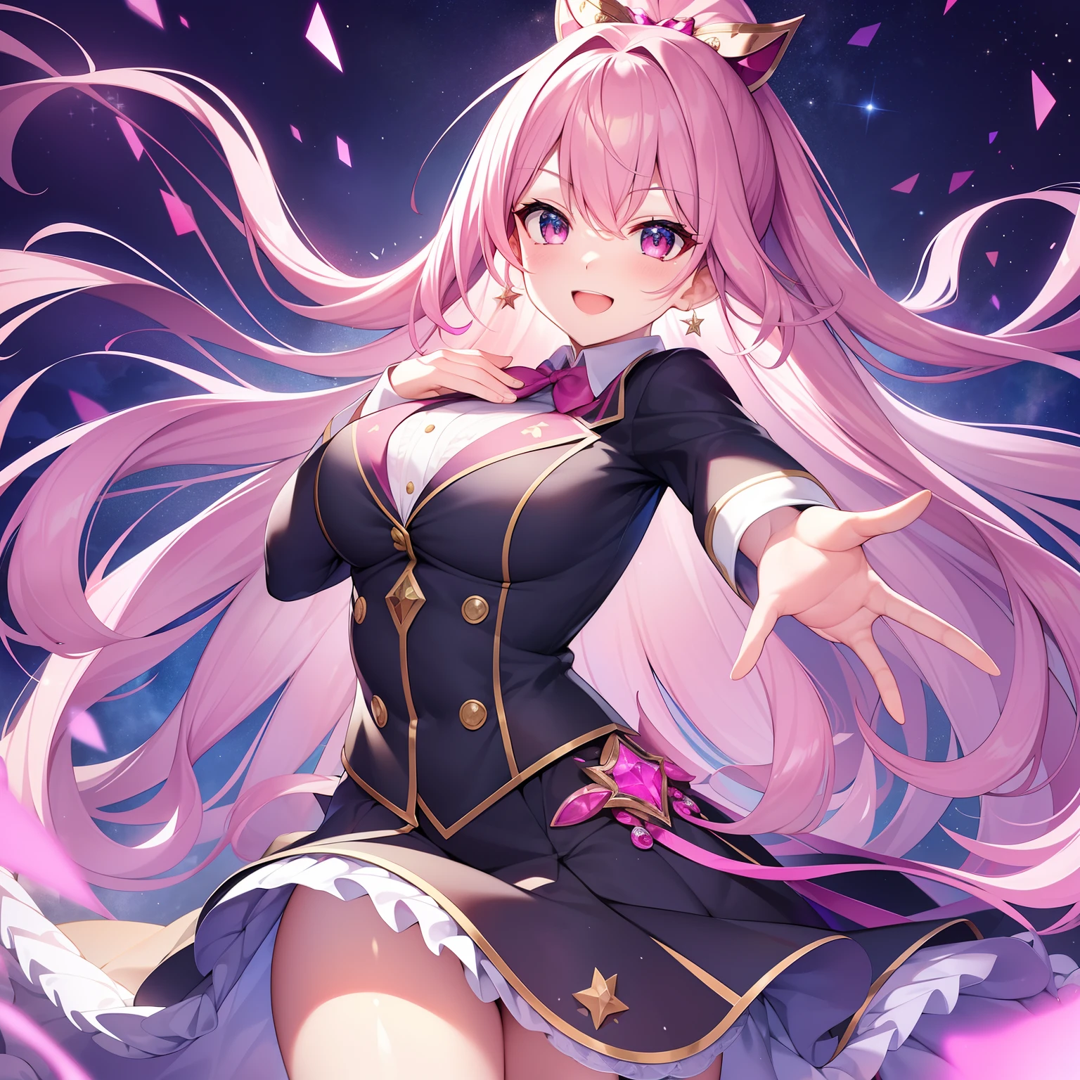 chest out, absurdres, superfine illustration,rainboweffect, highres, ultra detailed,light diffusion,highly detailed light reflection, kaleidoscope, harmonious, best shadow, highly detailed very beautiful big smile face, ;D, beautiful growing crystal diamond star pupil,look at viewer, beautiful detailed hair, solo, dynamic pose, beautiful detailed pink and black ribon, beautiful detailed High school uniform, Fantastic and the whole shines and shooting star and the wind is strong in detail background