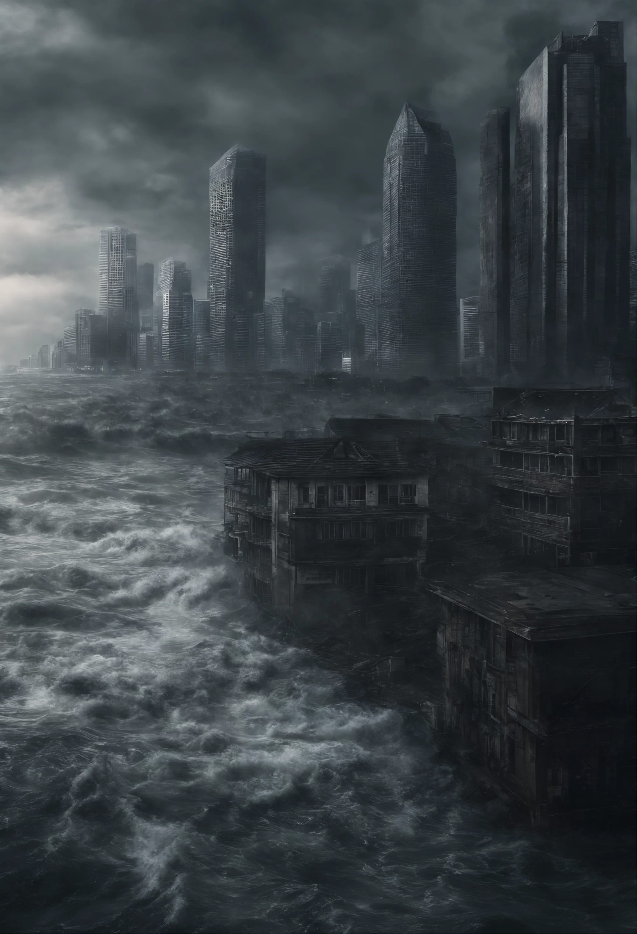 Create a cinematic cityscape,The sea floods the building,Towering tsunami waves pound the city skyline. The lens should capture the absolute power and destructive power of the wave, The building in the foreground is partially submerged, debris flying, and the feeling that disaster is imminent. Long lens camera angle with EE 70mm lens on the Nikon D850, Aim for high resolution, Photorealistic rendering. Ensure that the scene is highly detailed, With HDR lighting, And convey a sense of urgency and confusion.