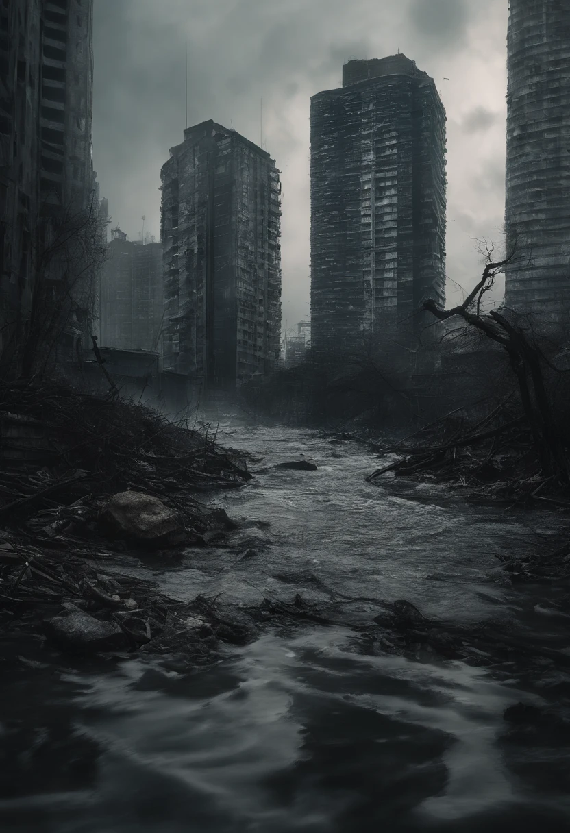 Create a cinematic cityscape，The sea floods the building，Dilapidated buildings，，Faint lights and towering tsunami waves pound the city skyline. The lens should capture the absolute power and destructive power of the wave, The building in the foreground is partially submerged, debris flying, and the feeling that disaster is imminent. Long lens camera angle with EE 70mm lens on the Nikon D850, Aim for high resolution, Photorealistic rendering. Ensure that the scene is highly detailed, With HDR lighting, And convey a sense of urgency and confusion.