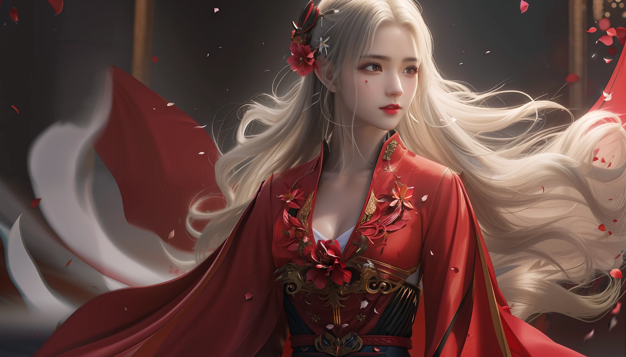 (tmasterpiece,top-quality,optimum,offcial art,Beautiful and aesthetically pleasing,Long exposure:1.2),Smooth movements,Charming Patterns,1个Giant Breast Girl,(Long Dress with Sleeves:1.3),(((red dress))),upperbody closeup,bare shoulders,ChineseGirl,Blushlush,Black leafy hair,sportrait,独奏,The upper part of the body,looking at the observer,detailed back ground,详细的脸,(falling flower petals:1.5),(Crystal AI,crystalline theme:1.1),elemental fire elf, rotation fire, Control the fire, Ruby clothes, dynamicposes, Floating particles, Ethereal dynamics, firey, steamy, Magma in the background, Red tones, volcanoes, Ethereal atmosphere, 1 Japan, battle armor, premier, Rhino Prime Minister, Prime Minister Volt, Prime Salin dynamic pose, Intricate patterns, heavy metal, Energy lines, Faceless, glowing light eyes, Long silver hair, The wind blows hair, ellegance, vehement, blood red and black uniform, Bloody wings, 独奏, A desert, and the sun was shining brightly, brightly, clawed paws, dramatic lights, (tmasterpiece:1.2), best qualtiy, A high resolution, beautifuldetails, extremely detaile, Perfect lighting, zhongfenghua, from below