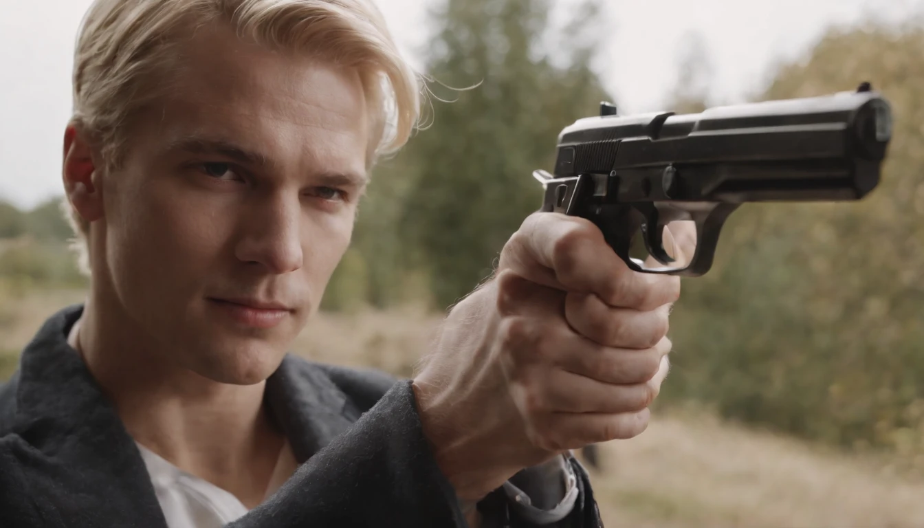 best qualtiy,8K,A man outside the door,blond hairbl。hand gun