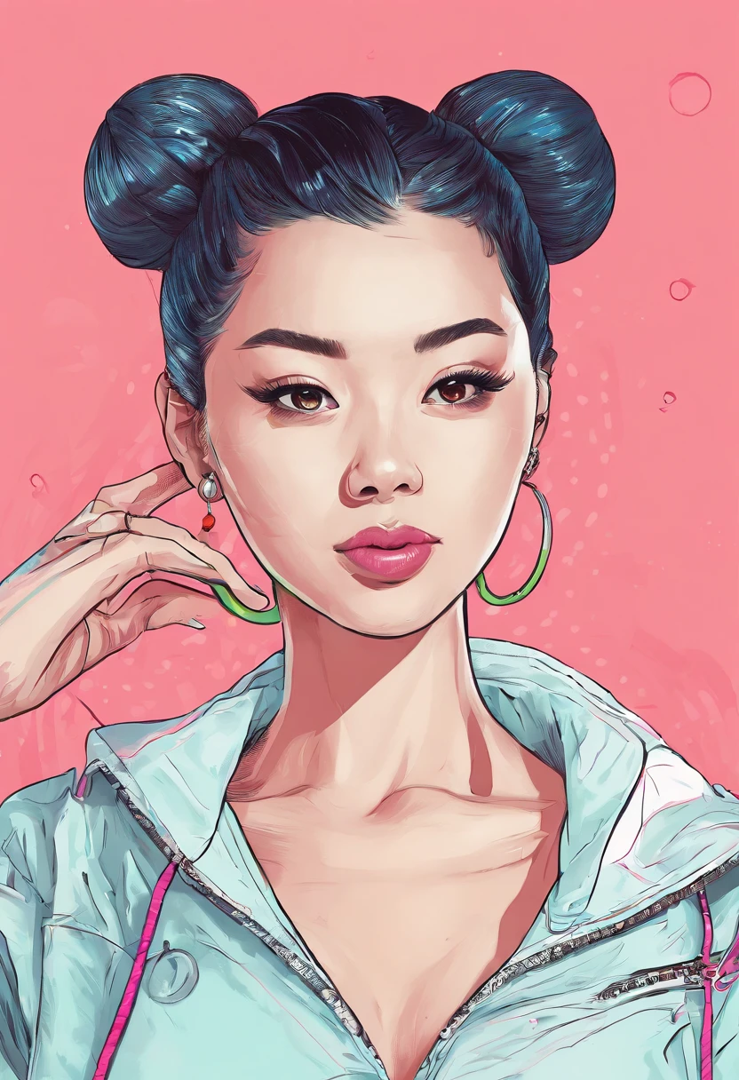 Hairstyles:  The combination of the top knot bun and the rest of the hair, Create a sleek and practical look, Super pretty 20 year old Korean girl,happy face, Cartoon style illustration, Cartoon Art Style, Cartoon Art Style, Digital illustration style, Highly detailed character design, cute detailed digital art, beautiful digital illustration, high quality portrait, Comic art, Asia, Character Design Portrait, Rough line sketch style,