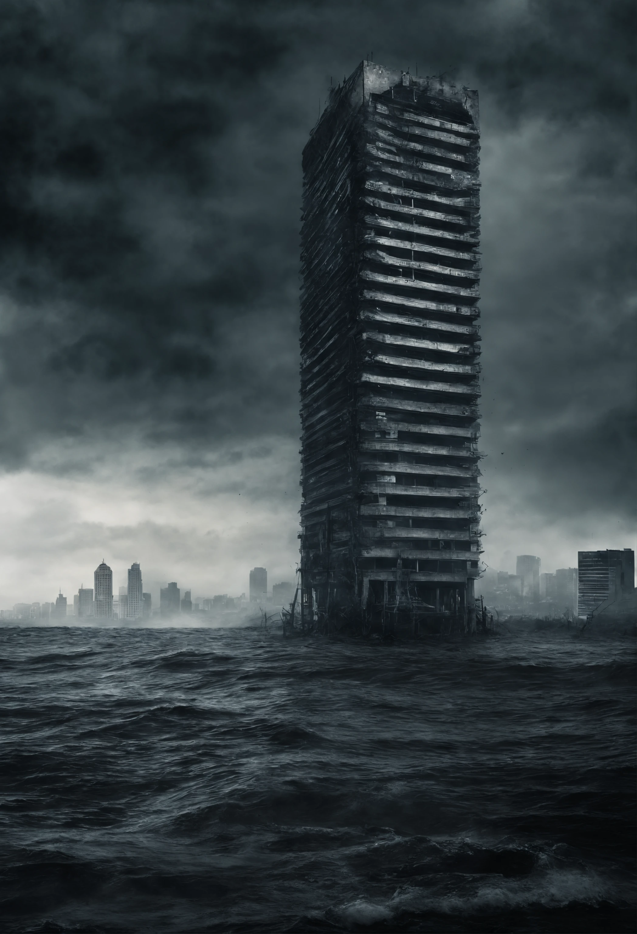 Create a cinematic cityscape,The sea floods the building,Dilapidated buildings,,Faint lights and towering tsunami waves pound the city skyline. The lens should capture the absolute power and destructive power of the wave, The building in the foreground is partially submerged, debris flying, and the feeling that disaster is imminent. Long lens camera angle with EE 70mm lens on the Nikon D850, Aim for high resolution, Photorealistic rendering. Ensure that the scene is highly detailed, With HDR lighting, And convey a sense of urgency and confusion.