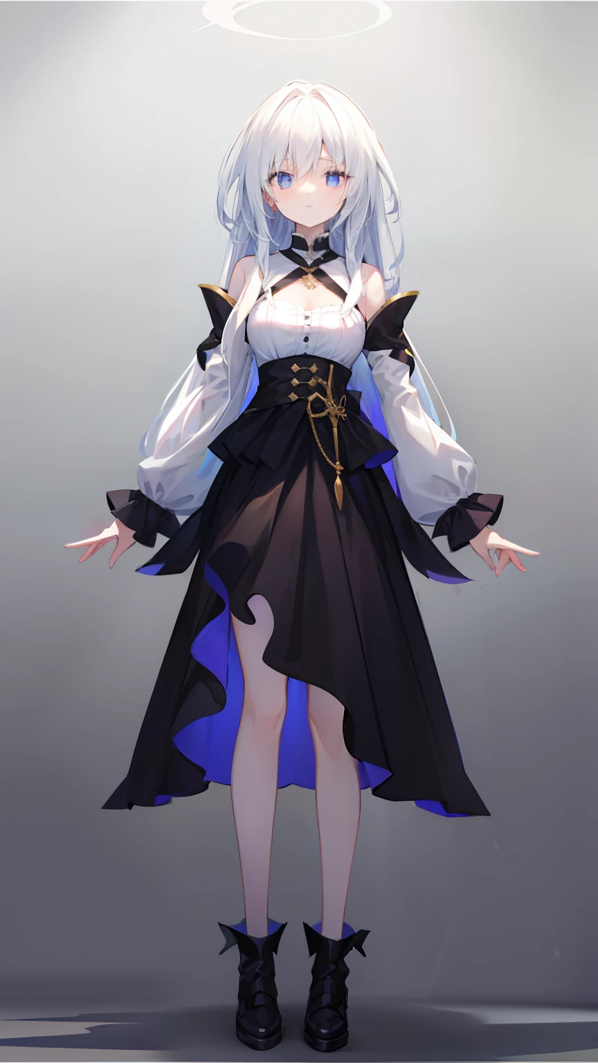 long whitr hair,a black skirt,longer sleeves