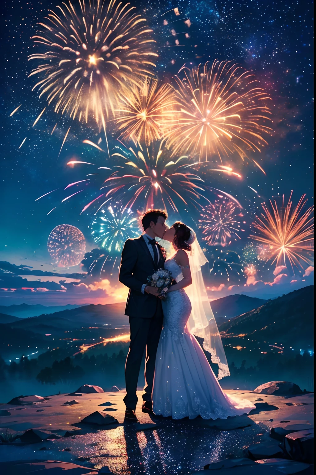 ((Best quality, A high resolution, Masterpiece:1.2)), (Romantic), (newlyweds:1), (Stargazing at the top of the mountain), (Spectacular sky fireworks display), (Colorful fireworks), (Giant fireworks), (Wedding dress), (suit), (glittering stars:1.5), Romantic couple photo, cinematic Film still from.