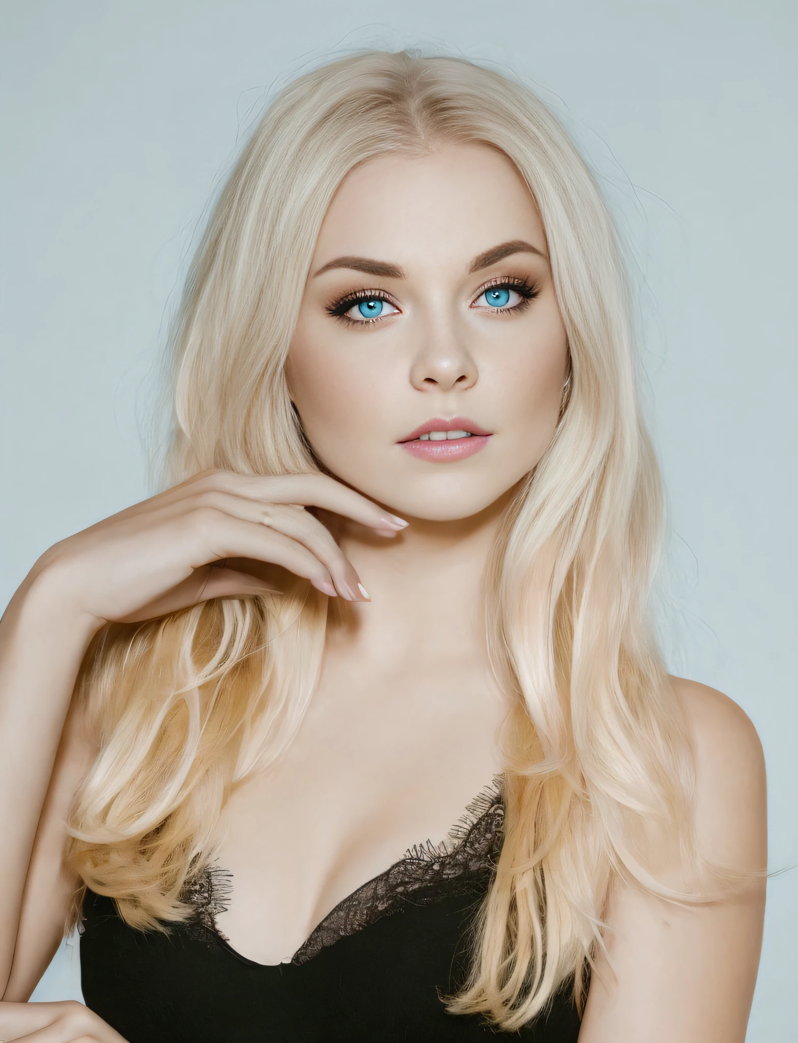 blonde woman with long hair and black bra top posing for a picture, ava max, perfect white haired girl, a gorgeous blonde, belle delphine, long blonde hair and large eyes, extremely pale blond hair, blonde woman, beautiful blonde girl, blonde hair and large eyes, bleach blonde hair, very very pale blond hair, long blonde hair and big eyes