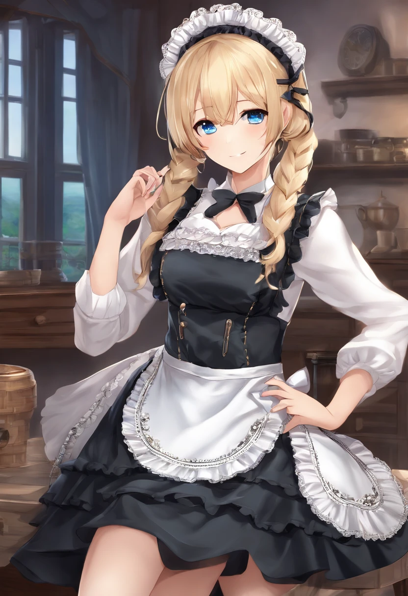 masterpeace, best quality, highres, 1girl, hayasaka ai, solo, blonde hair, maid, blue eyes, side ponytail, hair scrunchie, hair ornament, blue scrunchie, maid headdress, apron, hair between eyes, breasts, long sleeves, bangs, white shirt, black dress, sidelocks, maid apron, black pantyhose,  cowboy shot,