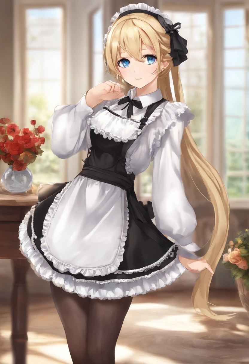 masterpeace, best quality, highres, 1girl, hayasaka ai, solo, blonde hair, maid, blue eyes, side ponytail, hair scrunchie, hair ornament, blue scrunchie, maid headdress, apron, hair between eyes, breasts, long sleeves, bangs, white shirt, black dress, sidelocks, maid apron, black pantyhose, cowboy shot,
