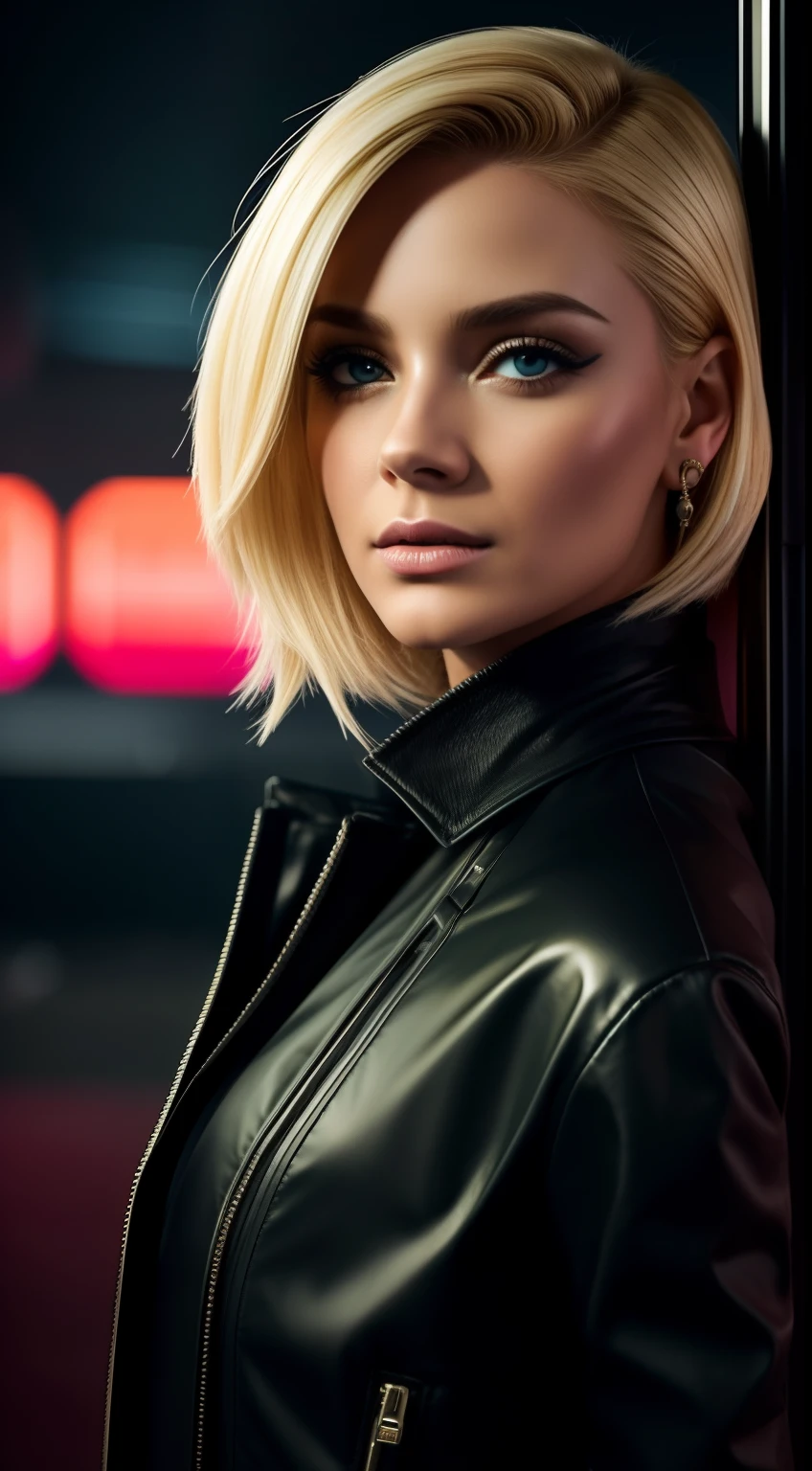 Close-up, uma bela moda elegante russa, blonde, roupa esfarrapada, cabelo curto chelsea corte lateral, roupa punk, roupa rosa, batom, action movie scene, Dystopian Dinner Cinematic Blade Runner, noite, movimentado com sinais de neon, blade runner aesthetics, lotado de pessoas, cinematografia de filmes, gangue trash, pessoa atraente, High emphasis on detail, vestindo equipamentos de tecnologia do tempo, gangue trash, vida noturna, cheio de vida, gangue trash, action movie shot by Kon Satoshi, estilo Semi Impasto, pintura fosca, atmospheric, brilhante, lighting dramatic, olhos bonitos, symmetric eyes, olhos perfeitos
