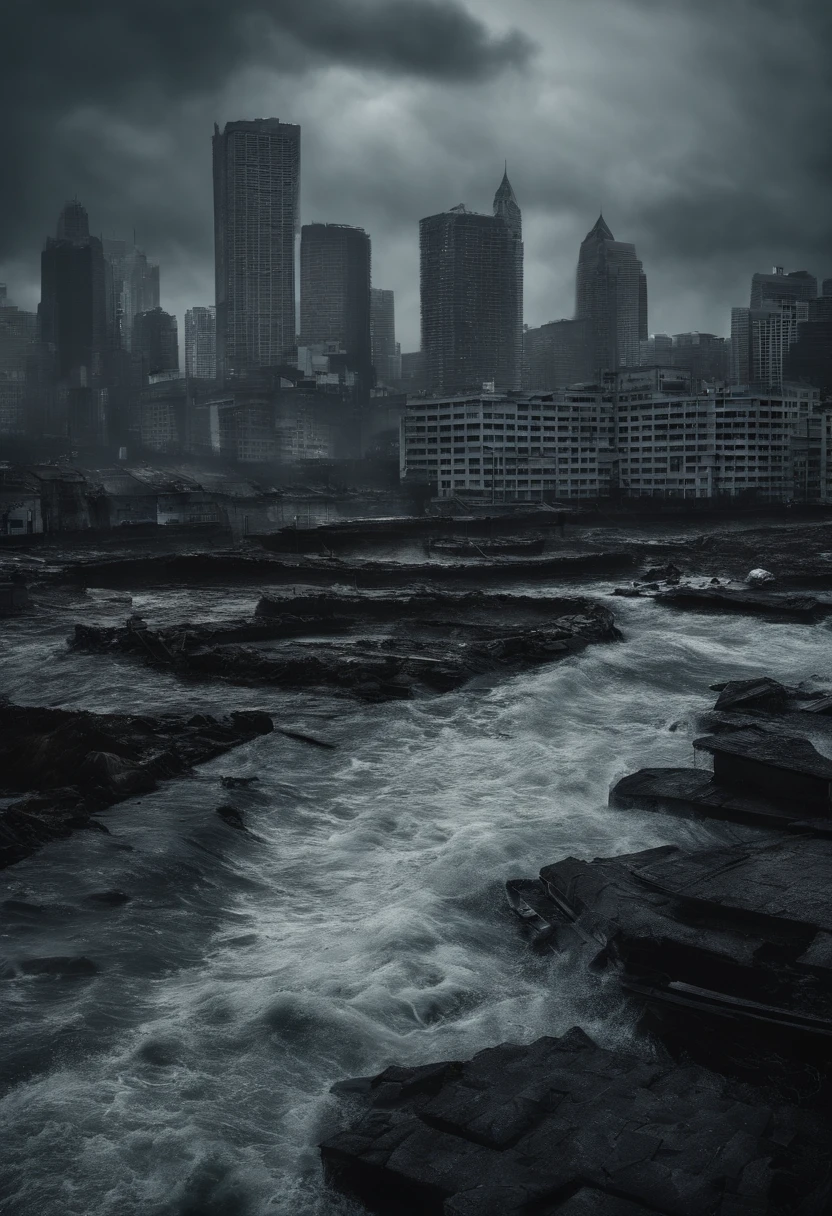 Create a cinematic cityscape,Huge waves above the building,Dilapidated buildings,,Faint lights and towering tsunami waves pound the city's skyline. The lens should capture the absolute power and destructive power of the wave, The building in the foreground is partially submerged, debris flying, and the feeling that disaster is imminent. Long lens camera angle with EE 70mm lens on the Nikon D850, Aim for high resolution, Photorealistic rendering. Ensure that the scene is highly detailed, With HDR lighting, And convey a sense of urgency and confusion.Sense of oppression
