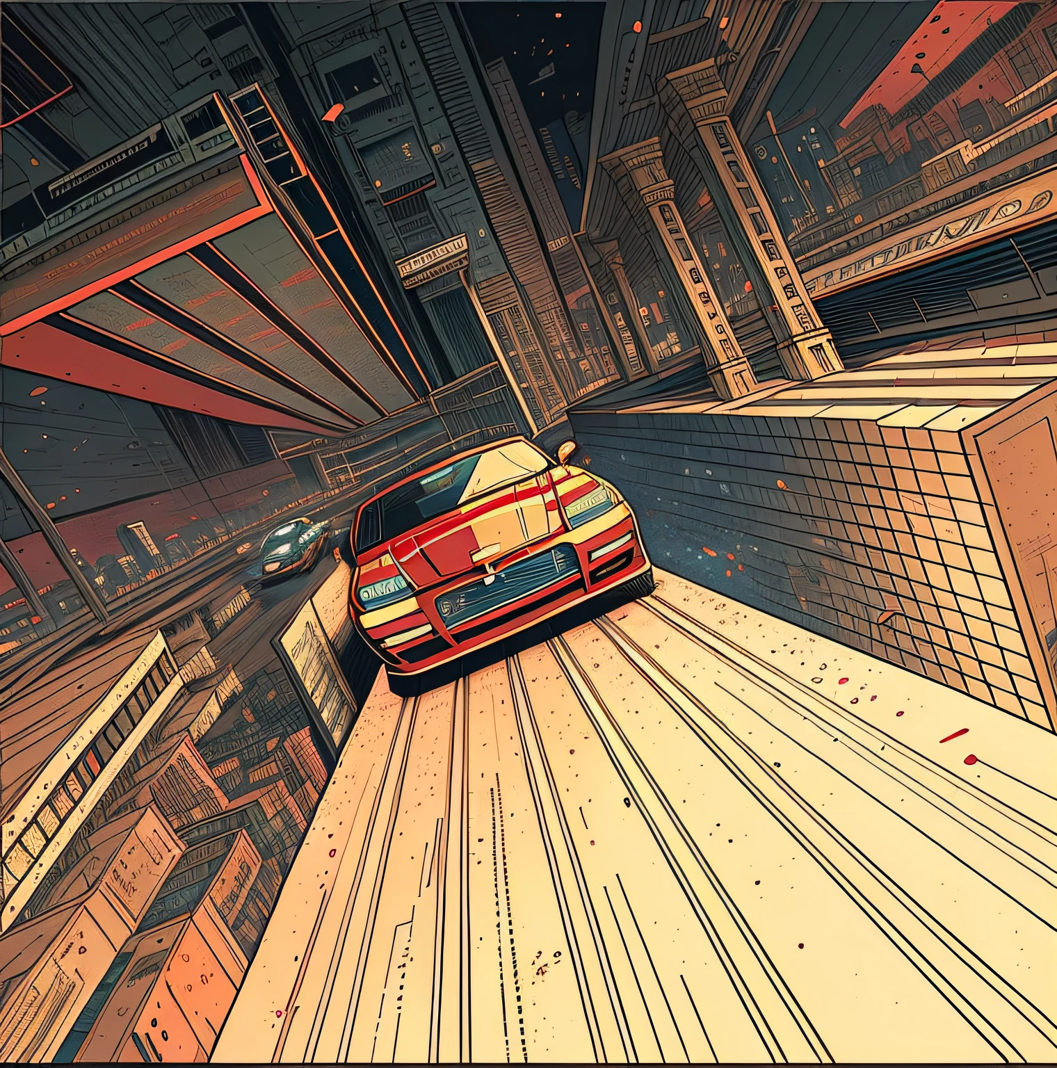 There is a red car driving on the city street, victo ngai. illusory engine, Inspired by Otto Eckerman, akira cgi movie stills, victo ngai style, inspired by Kilian Eng, an illustration of inspired by Victo Ngai, matte painting comic book art, victo ngai fine texture, Victor Jun，cyber punk style, inspired by Tim Doyle