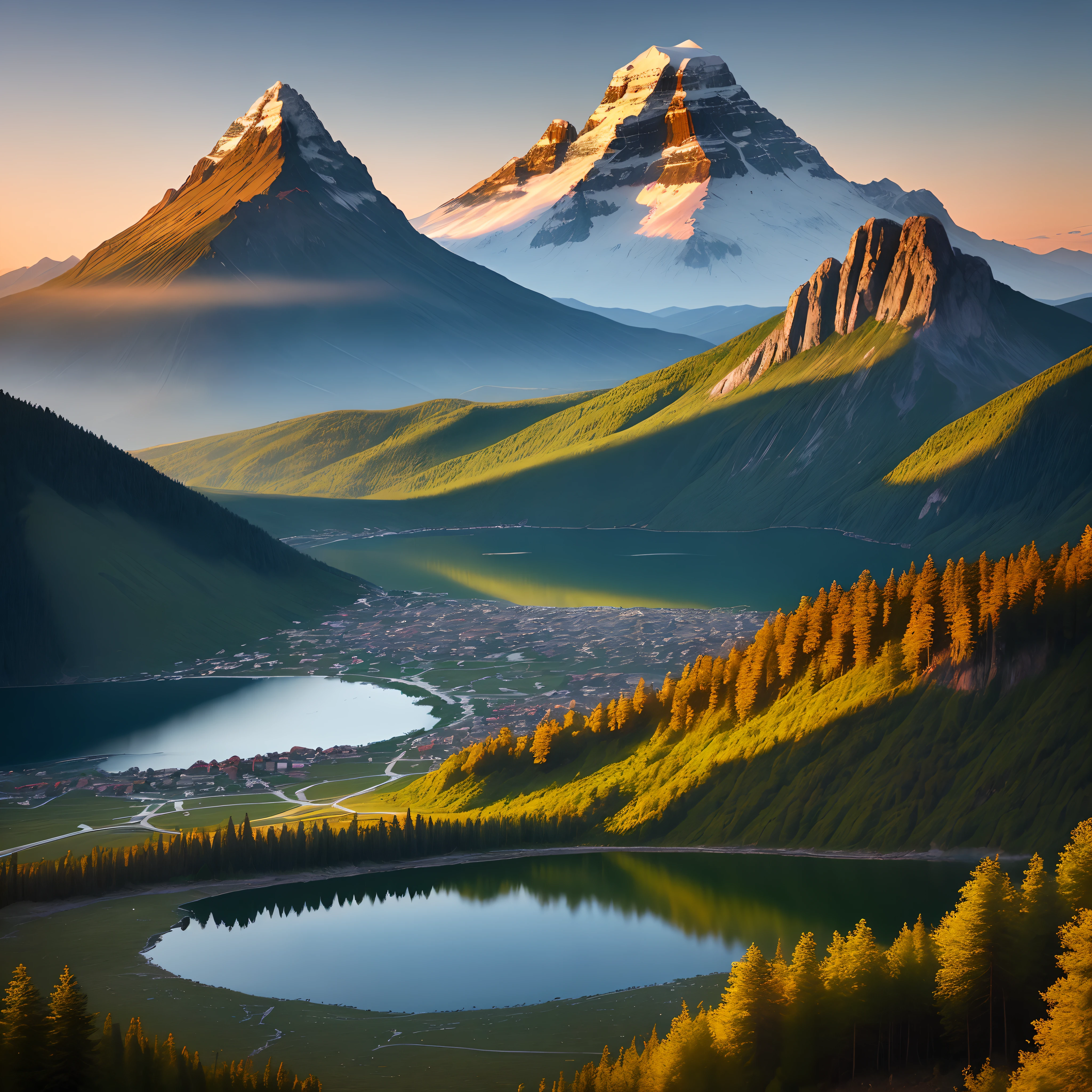 A lake where the evening sun falls. (There are Mt. Rom around.)