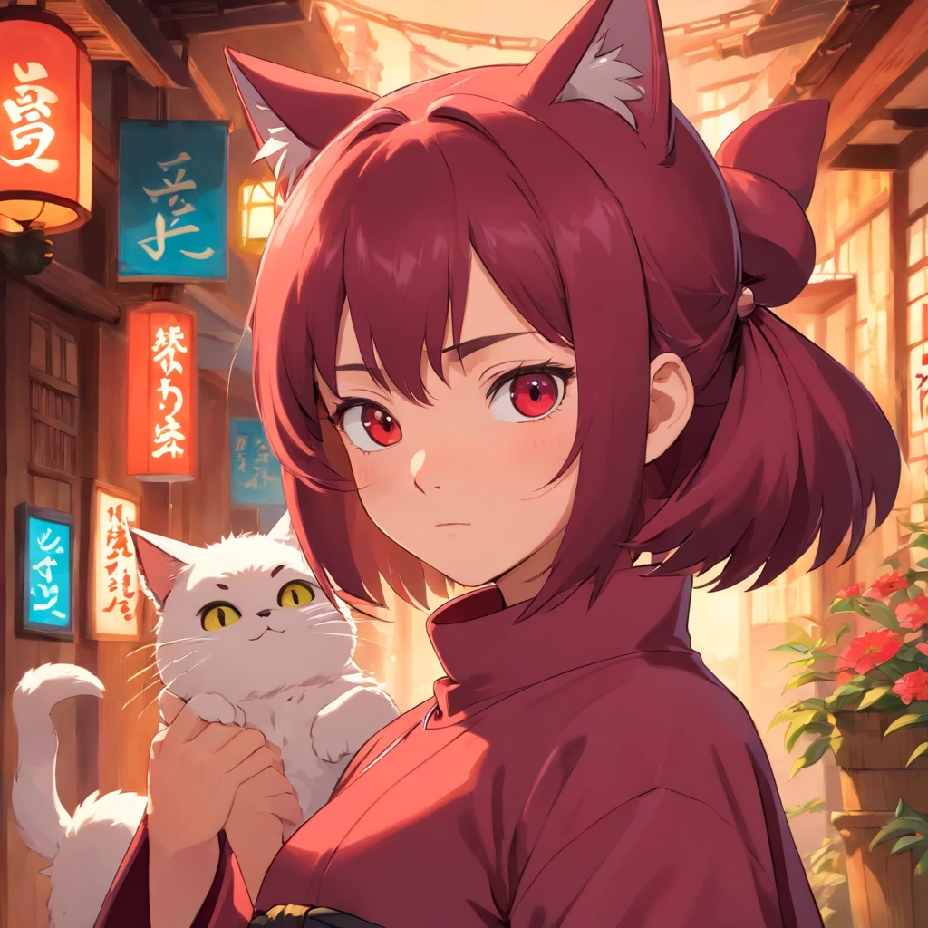 (masterpiece), best quality, expressive eyes, perfect face, fantasy cat girl ninja, hand focused, ninja mask, maroon