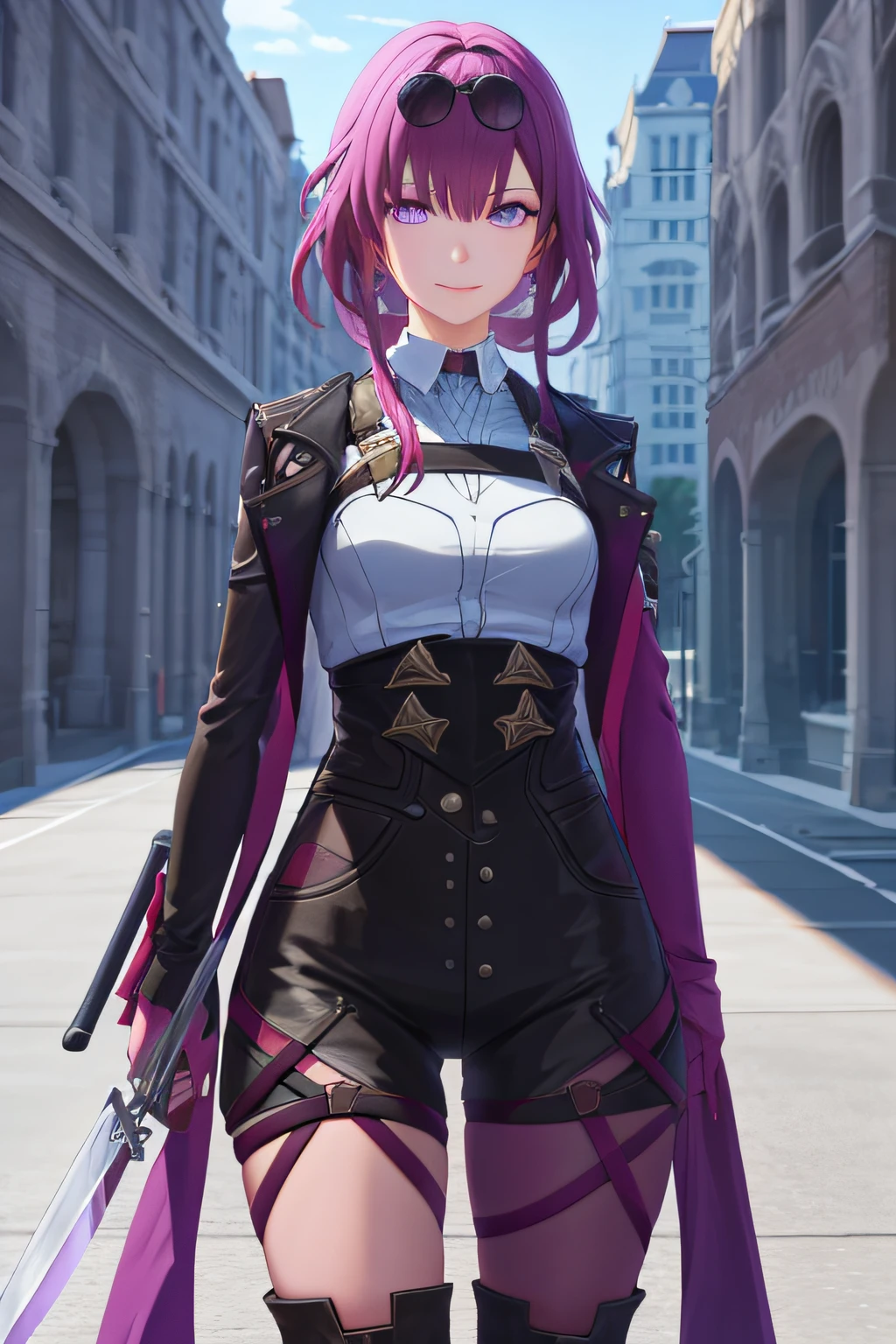 1girll,Purple long knife,tmasterpiece,8k,Half realistic,4k,RTX,Shaders,Excellent texture work