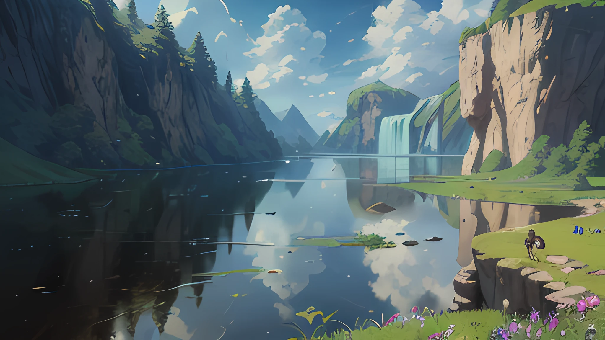 (Masterpiece, Best quality, High quality, A high resolution:1.4), Extremely detailed, 4K, Outdoors, Nature, forest, Green trees, Grass, A plant, Flowers, River, Caustics, Ripples, pond, jungles, dense foliage, fern,(cloud sky:1.3),(rain:1.3),anime big breast,Rain ripples on the water,Mountain,((bird's eyes view)),Fantasy video game character concept art,waterfall