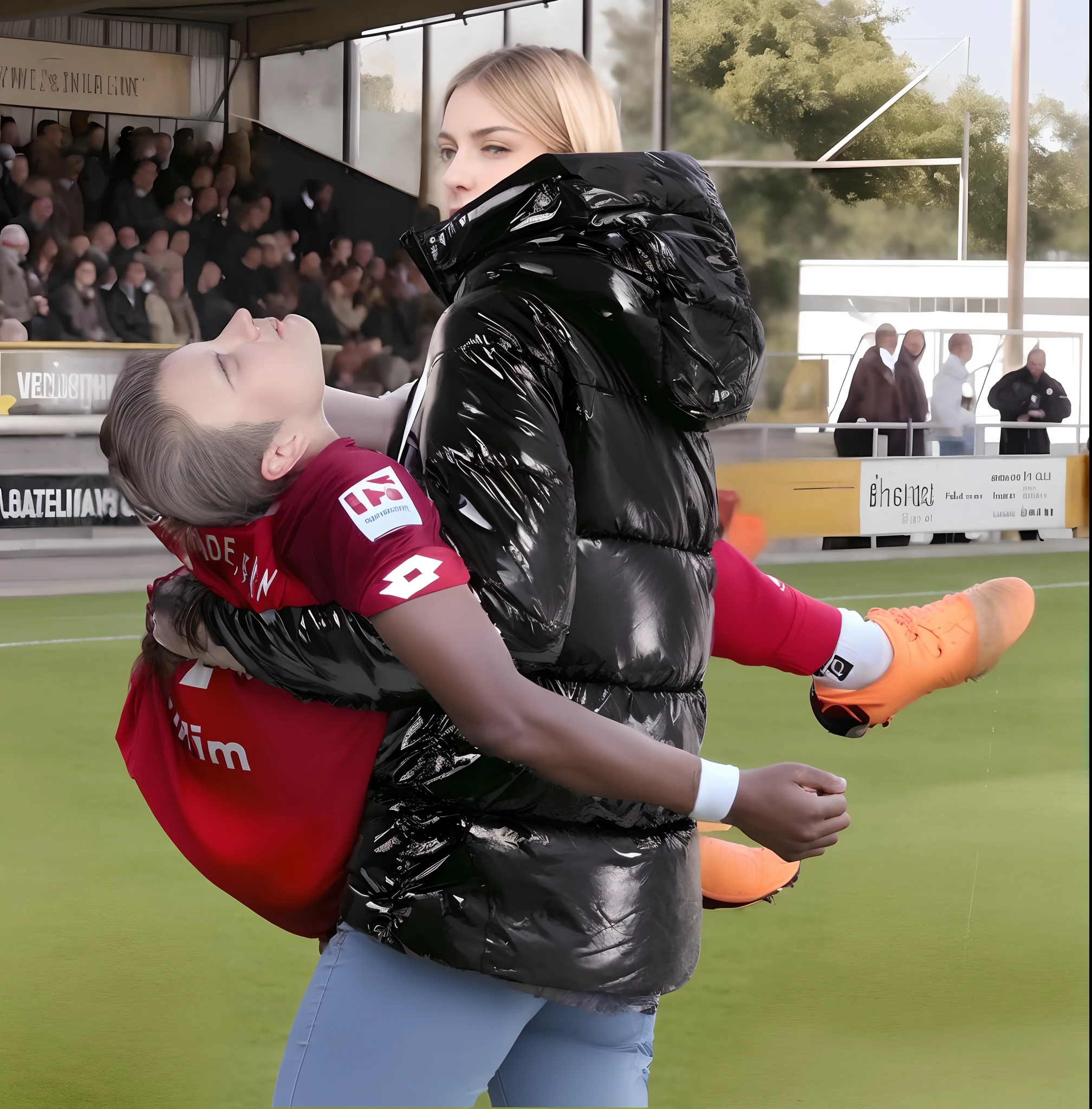 Andrea carries the wounded man's body in her hands, Andrea grabs his legs and his body with her hands, the bearded man in Andrea's arms is visibly in pain, stadium atmosphere, the bearded man is lying consciousless in Andrea's arms with one arm hanging down, A scene at a soccer stadium, a bearded man lying in a caring women's arms, lying helpless in her arms with his head dangling down, he has one arm dangling down while being carried in the women's arms, There is an attractive and heavily made-up woman in a long black leather coat, A pretty woman in a shiny black leather coat on a soccer field, A wonderful woman is holding a passed out man, A man in matt and roughened sportswear is held diagonal in her arms, a man in a woman's arms and lets one arm dangling down, we see the man held in front of the woman's body, the man is cradled in the woman's arm while being carried, the beautiful woman is exceptionally heavily made up and has an extremely desperate and very angry expression on her face, high-resolution photo, realistic sports photo, soccer scene, woman in black shiny long leather coat, injury scene, real photo, ultra realistic, high definition, sports photography