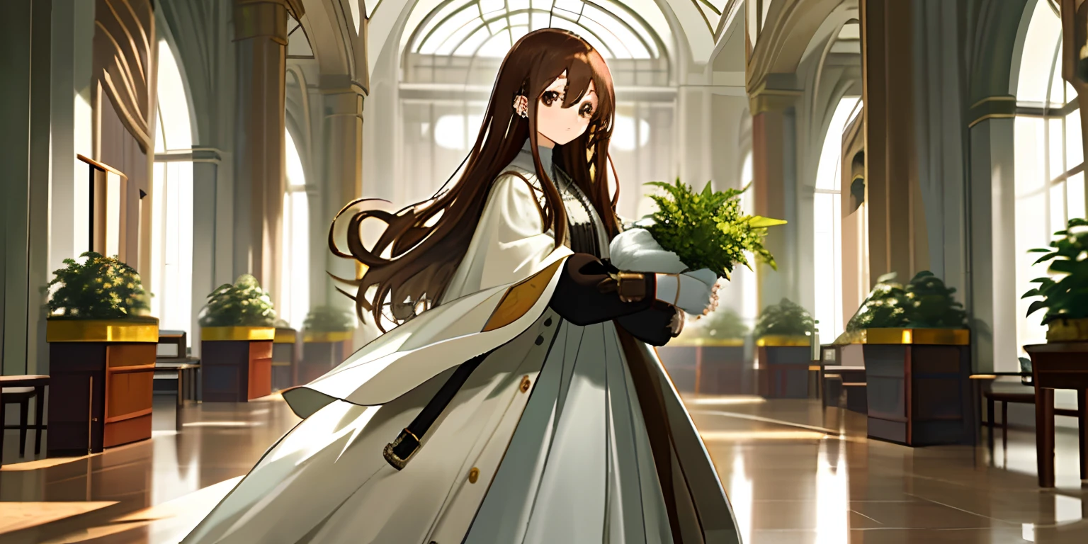 (masterpiece, best quality),long hair, brown hair, plant, looking at viewer, brown eyes, bag, white coat, long sleeves, indoors, holding, bangs, coat, solo focus, dress, standing,, white dress, 1girl, jewelry, earrings, hair between eyes, open clothes