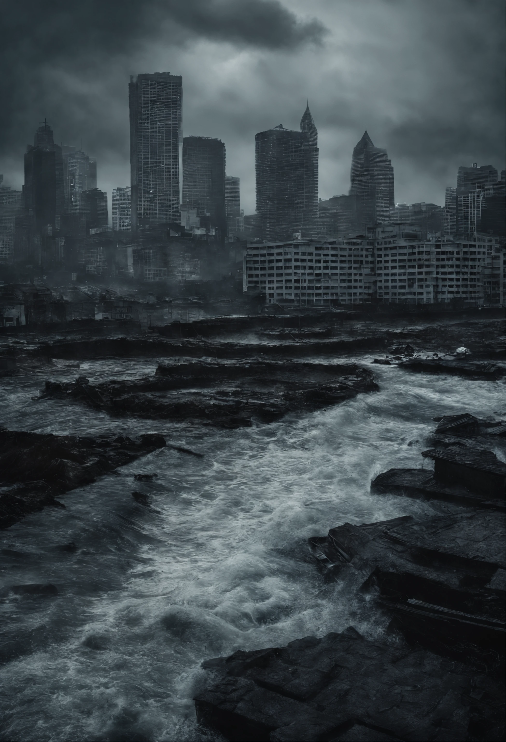 Create a cinematic cityscape,Huge waves above the building,Dilapidated buildings,,Faint lights and towering tsunami waves pound the city's skyline. The lens should capture the absolute power and destructive power of the wave, The building in the foreground is partially submerged, debris flying, and the feeling that disaster is imminent. Long lens camera angle with EE 70mm lens on the Nikon D850, Aim for high resolution, Photorealistic rendering. Ensure that the scene is highly detailed, With HDR lighting, And convey a sense of urgency and confusion.Sense of oppression
