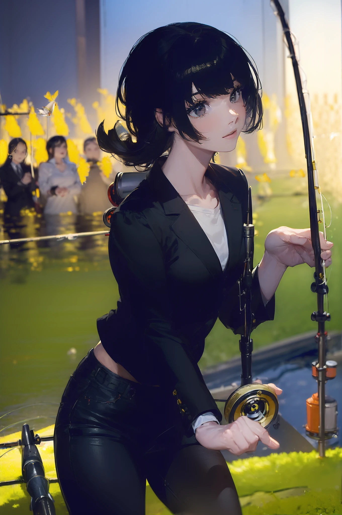 ((((Have fishing rod with a reel:1.5)))),((Female 28 years old)),((Best Quality:1.5)),(((Hands with the correct number and structure of fingers:1.4))),((lakeside:1.37)),hight resolution,ultra-detailliert,masterpiece,best qualtiy,(Eight-headed body),Black hair, long eyeslashes, Solid Circle Eyes, drop shadow, Atmospheric perspective,Super Detail, ccurate, small brest,(Black jacket and black jeans :1.1),top-quality, blurry backround, bokeh dof:1.2, (masterpiece:1.3), Atmospheric perspective,Super Detail,dynamic compositions,