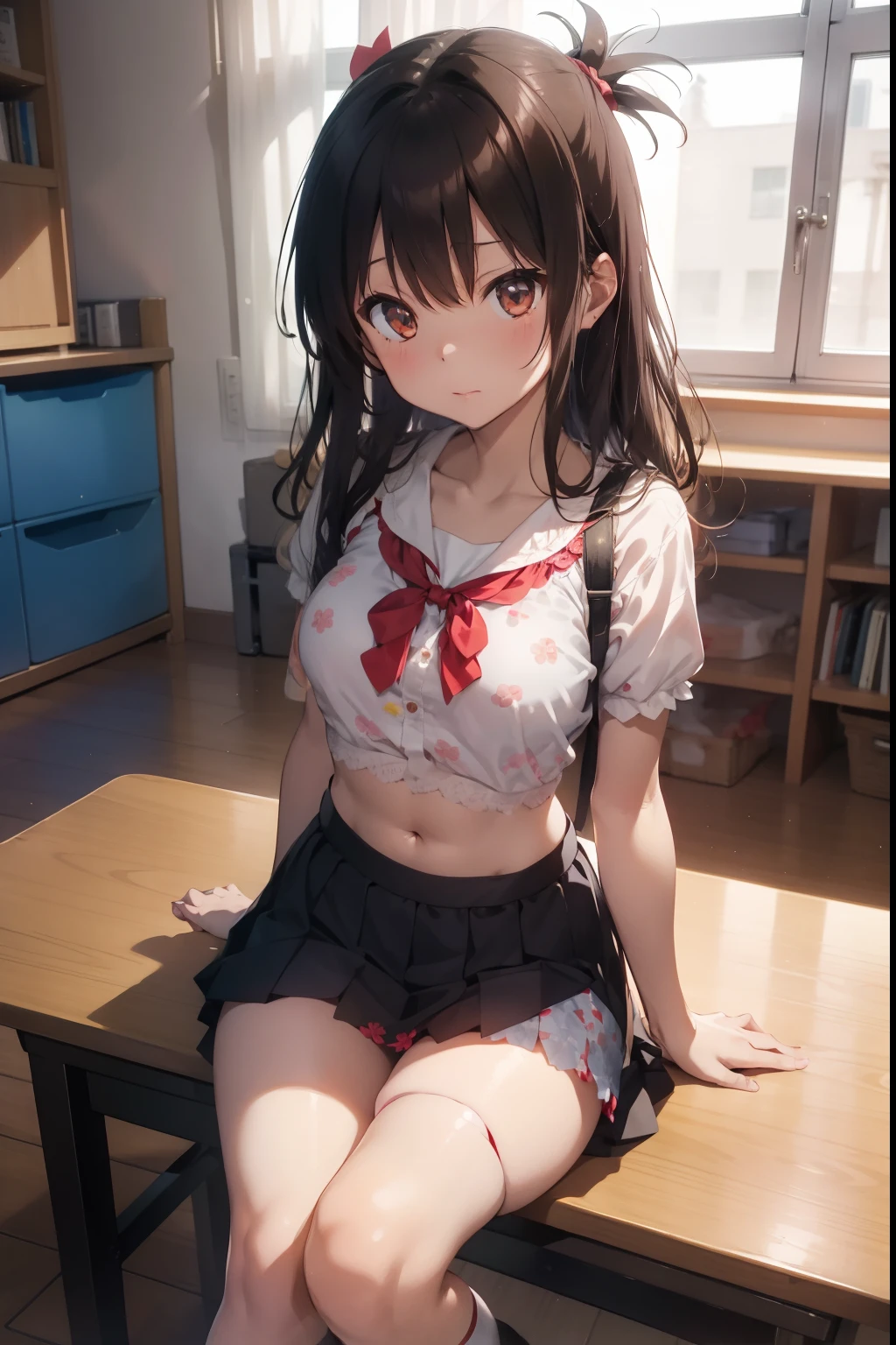 Yuki Mikan、Colossal tits、angry looking face、School Music Room、Ribbon blouse with open chest、with floral pattern　Red Panties、Whitecheck　Blue pleated skirt、Black lace　Rose print bra、Black lace stockings、Brown loafers、A slender、Sitting on a chair、Armpit、Crotch opening、Navel Ejection