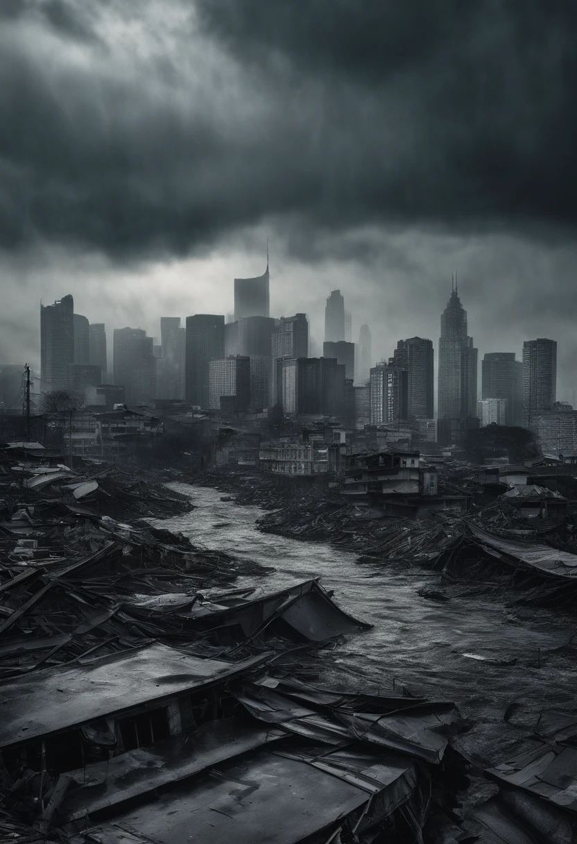 Create a cinematic cityscape,Great waves above buildings,Flood half of the tall buildings,Dilapidated buildings,,Faint lights and towering tsunami waves pound the city's skyline. The lens should capture the absolute power and destructive power of the wave, The building in the foreground is partially submerged, debris flying, and the feeling that disaster is imminent. Long lens camera angle with EE 70mm lens on the Nikon D850, Aim for high resolution, Photorealistic rendering. Ensure that the scene is highly detailed, With HDR lighting, And convey a sense of urgency and confusion.Sense of oppression