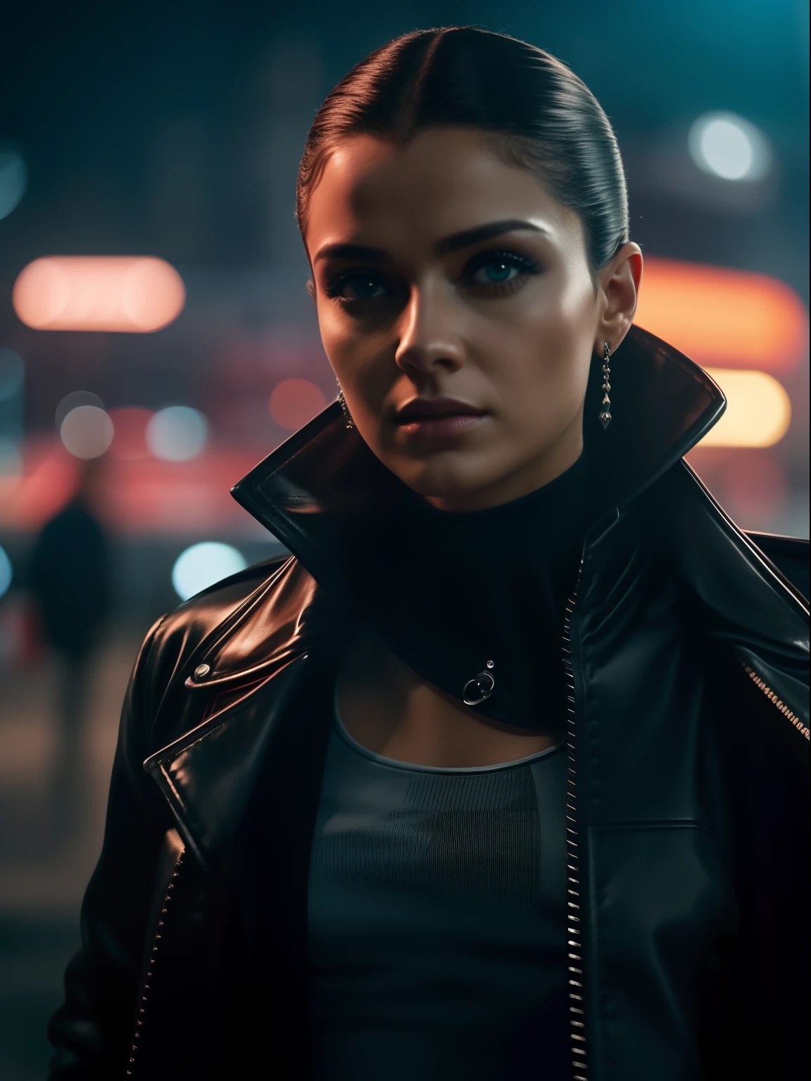 Close-up, uma bela moda elegante russa, louro, roupa esfarrapada, cabelo curto chelsea corte lateral, roupa punk, roupa rosa, batom, action movie scene, Jantar Distópico Cinematic Blade Runner, noite, movimentado com sinais de neon, blade runner aesthetics, lotado de pessoas, cinematografia de filmes, gangue trash, pessoa atraente, High emphasis on detail, vestindo equipamentos de tecnologia do tempo, gangue trash, Vida noturna, cheio de vida, gangue trash, action movie shot by Kon Satoshi, estilo Semi Impasto, tinta escura, Atmospheric, brilhante, lighting dramatic, olhos bonitos, symmetric eyes, olhos perfeitos