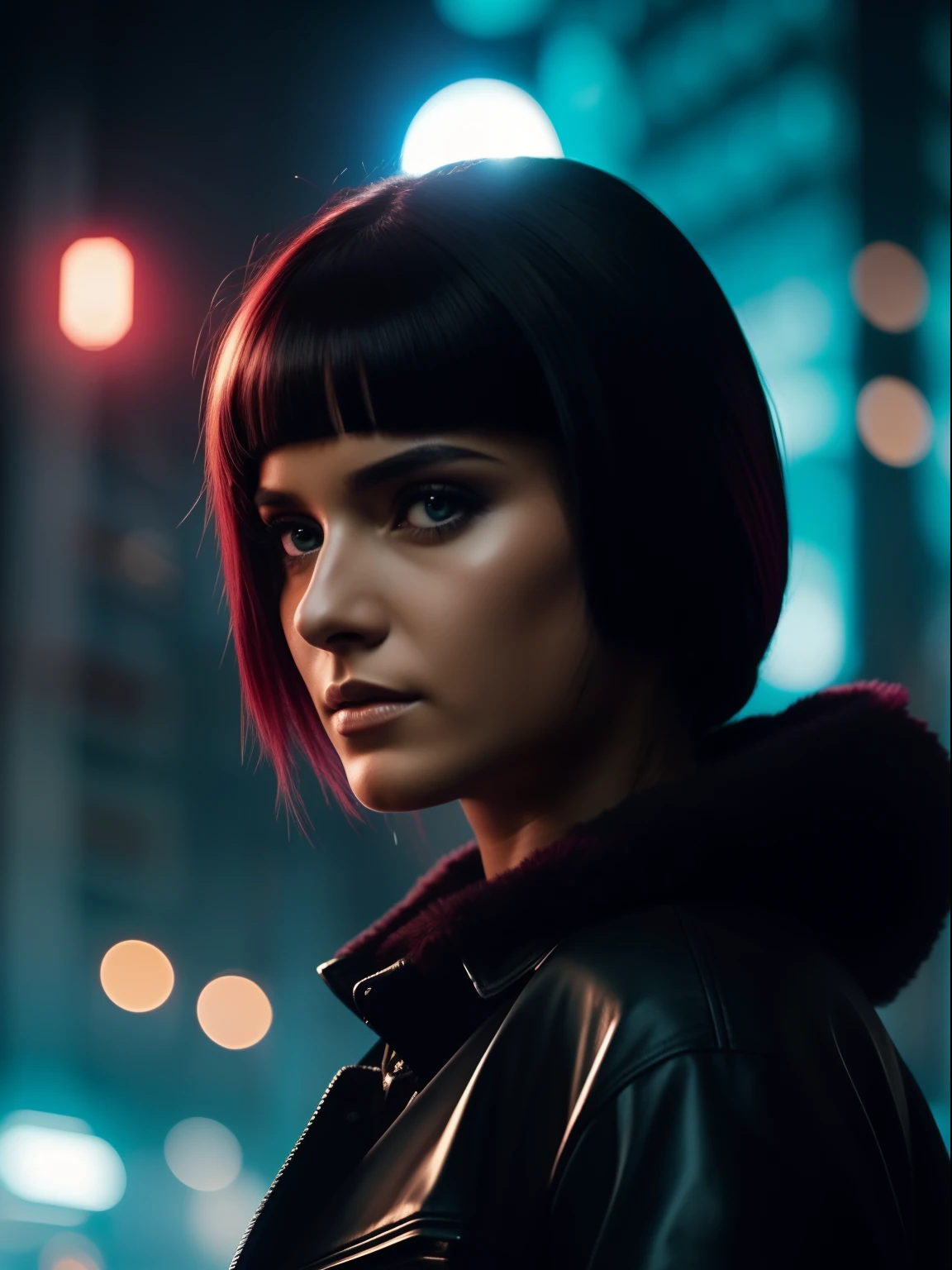 Close-up, uma bela moda elegante russa, louro, roupa esfarrapada, cabelo curto chelsea corte lateral, roupa punk, roupa rosa, batom, action movie scene, Jantar Distópico Cinematic Blade Runner, noite, movimentado com sinais de neon, blade runner aesthetics, lotado de pessoas, cinematografia de filmes, gangue trash, pessoa atraente, High emphasis on detail, vestindo equipamentos de tecnologia do tempo, gangue trash, Vida noturna, cheio de vida, gangue trash, action movie shot by Kon Satoshi, estilo Semi Impasto, tinta escura, Atmospheric, brilhante, lighting dramatic, olhos bonitos, symmetric eyes, olhos perfeitos