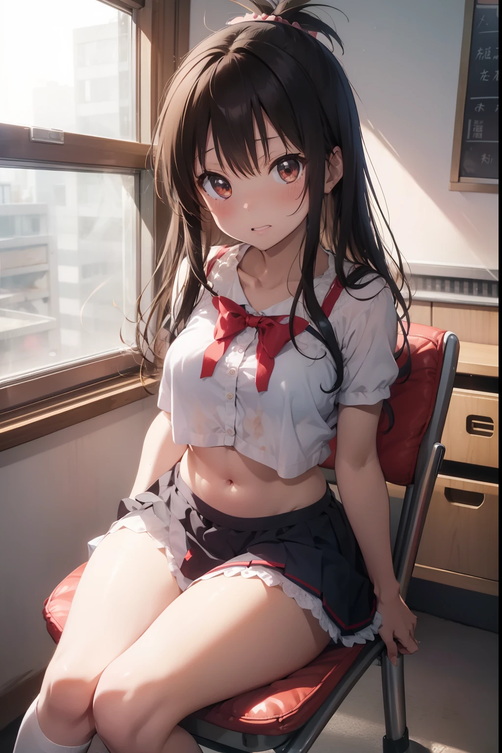 Yuki Mikan、Colossal tits、angry looking face、School Music Room、Ribbon blouse with open chest、with floral pattern　Red Panties、Whitecheck　Blue pleated skirt、Black lace　Rose print bra、Black lace stockings、Brown loafers、A slender、Sitting on a chair、Armpit、Crotch opening、Navel Ejection