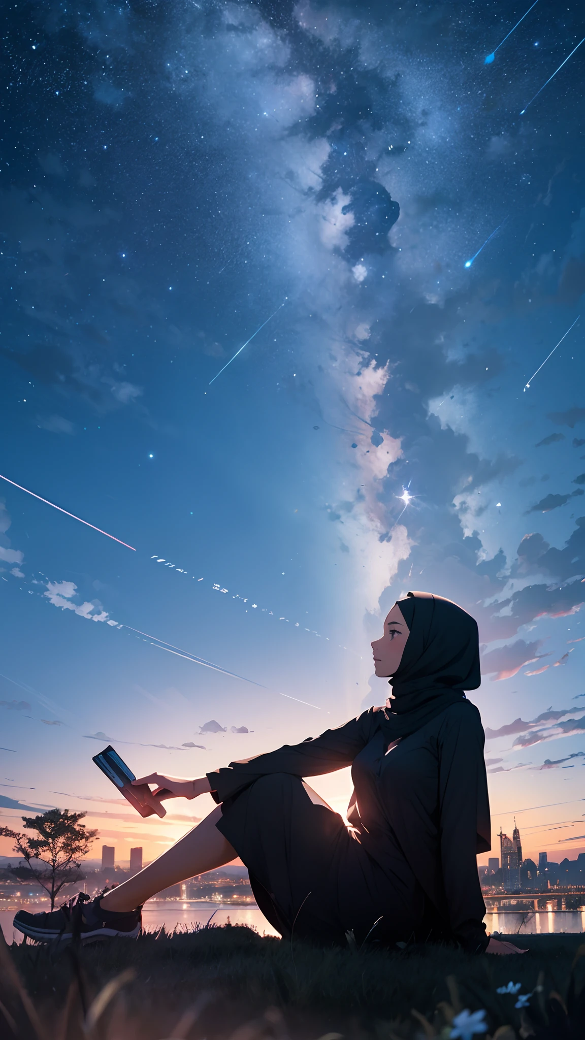 octans, sky, star (sky), scenery, starry sky, night, 1girl,hijab, night sky, solo, outdoors, building, cloud, milky way, sitting, tree, hijab style, city, silhouette, cityscape, studio ghilbi, beauty view --auto --s2