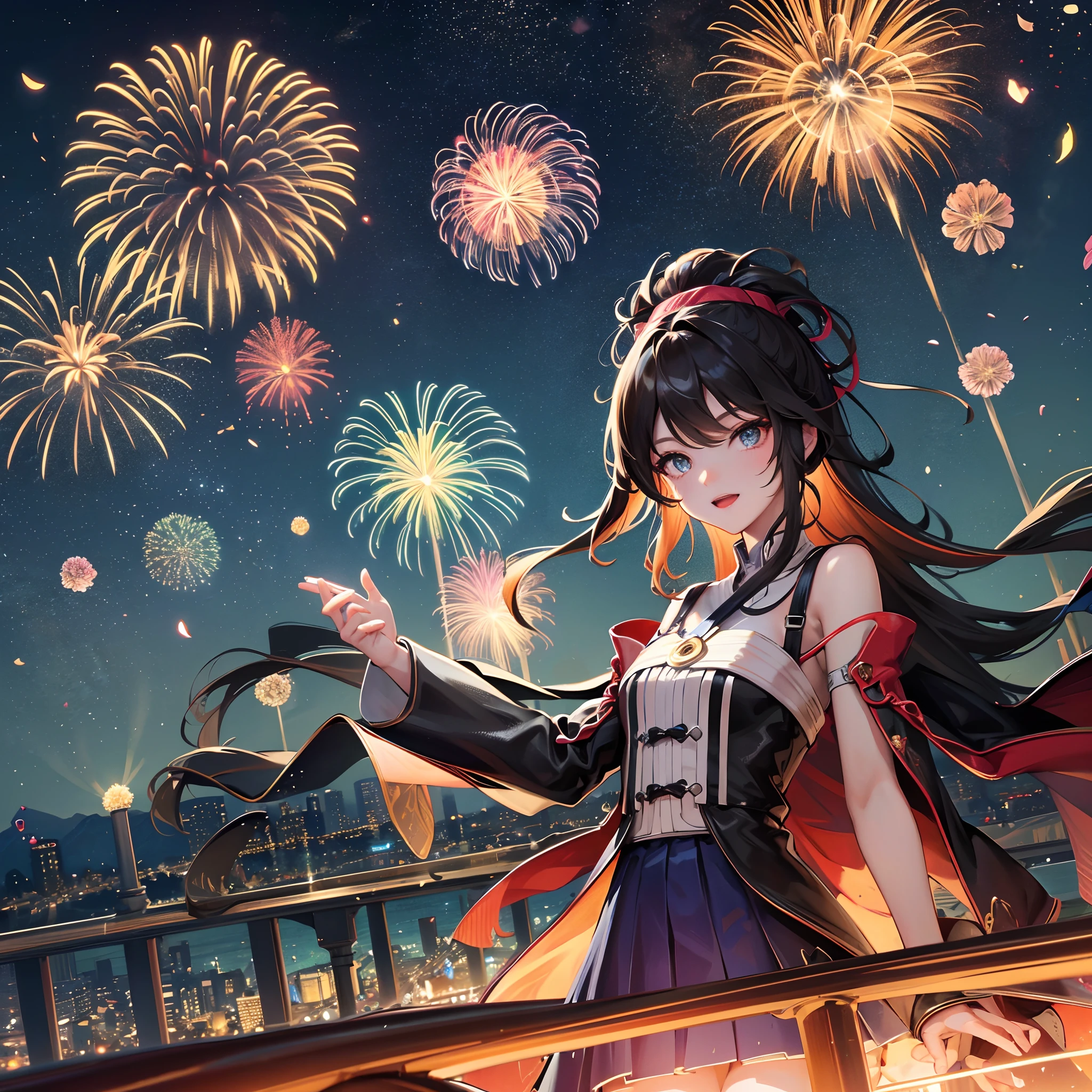 ，masterpiece, best quality，8k, ultra highres，The city is immersed in darkness late at night，Starlight dots the sky，Reflecting the darkness of the night。In this quiet and silent night，Brilliant fireworks begin to bloom，Lights up the whole city。

From a distance，A magnificent bridge spans the shining river，The bridge is covered with fireworks with a soft glow。Each firework emits a colorful light，Cut across the night sky like a shooting star，Shoot into the boundless darkness。

Along both sides of the bridge，High-rise buildings stand like giants in the city。Under this brilliant night view，The building's glass windows reflect colorful fireworks，It was as if the stars had fallen to earth。The illuminated city becomes even more colorful against the backdrop of fireworks。

Pedestrians passing by the bridge stopped one after another，Look up at the fireworks in the sky，Leave behind beautiful figures and mingle with fleeting fireworks。Their faces were filled with cheerful and contented smiles，It's as if you're in a world that belongs entirely to fireworks。

And on the surface of the river，An old boat slowly sailed by。People on board watch the brilliant fireworks on the water，Felt the romantic atmosphere。Lights are reflected on the water，Illuminated the perimeter of the boat，Make the whole scene even more magnificent。

The whole night is shrouded in the splendor of this fireworks，It brings a mysterious and fantastical atmosphere。The sound of fireworks flying echoed in the air，It brings a shocking feeling。Each firework has its own special shape and color，They bloom in the night sky、disappear，It was as if it were a brevity about the brevity of life。 --auto