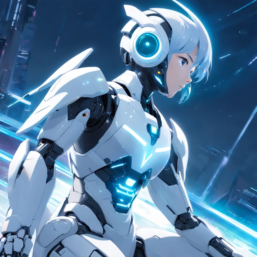 A realistic white Marvel combat machine-style non-human robot in an advanced cybernetic suit