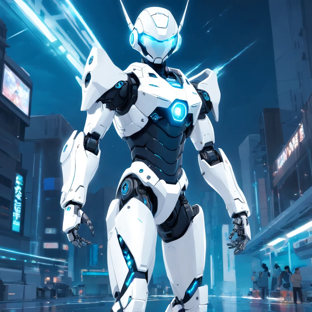 A realistic white Marvel combat machine-style non-human robot in an advanced cybernetic suit