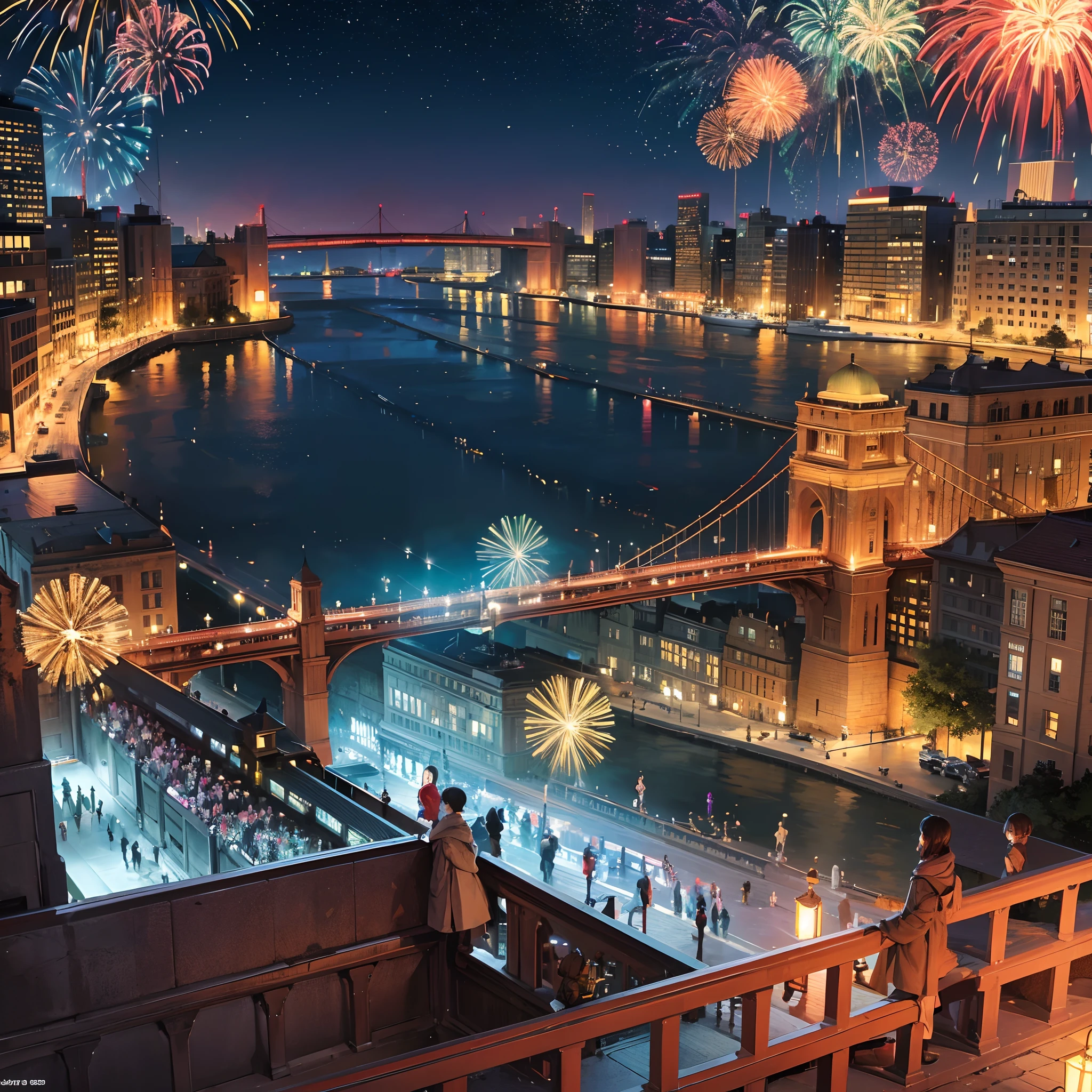 ，masterpiece, best quality，8k, ultra highres，The city is immersed in darkness late at night，Starlight dots the sky，Reflecting the darkness of the night。In this quiet and silent night，Brilliant fireworks begin to bloom，Lights up the whole city。

From a distance，A magnificent bridge spans the shining river，The bridge is covered with fireworks with a soft glow。Each firework emits a colorful light，Cut across the night sky like a shooting star，Shoot into the boundless darkness。

Along both sides of the bridge，High-rise buildings stand like giants in the city。Under this brilliant night view，The building's glass windows reflect colorful fireworks，It was as if the stars had fallen to earth。The illuminated city becomes even more colorful against the backdrop of fireworks。

Pedestrians passing by the bridge stopped one after another，Look up at the fireworks in the sky，Leave behind beautiful figures and mingle with fleeting fireworks。Their faces were filled with cheerful and contented smiles，It's as if you're in a world that belongs entirely to fireworks。

And on the surface of the river，An old boat slowly sailed by。People on board watch the brilliant fireworks on the water，Felt the romantic atmosphere。Lights are reflected on the water，Illuminated the perimeter of the boat，Make the whole scene even more magnificent。

The whole night is shrouded in the splendor of this fireworks，It brings a mysterious and fantastical atmosphere。The sound of fireworks flying echoed in the air，It brings a shocking feeling。Each firework has its own special shape and color，They bloom in the night sky、disappear，It was as if it were a brevity about the brevity of life。 --auto