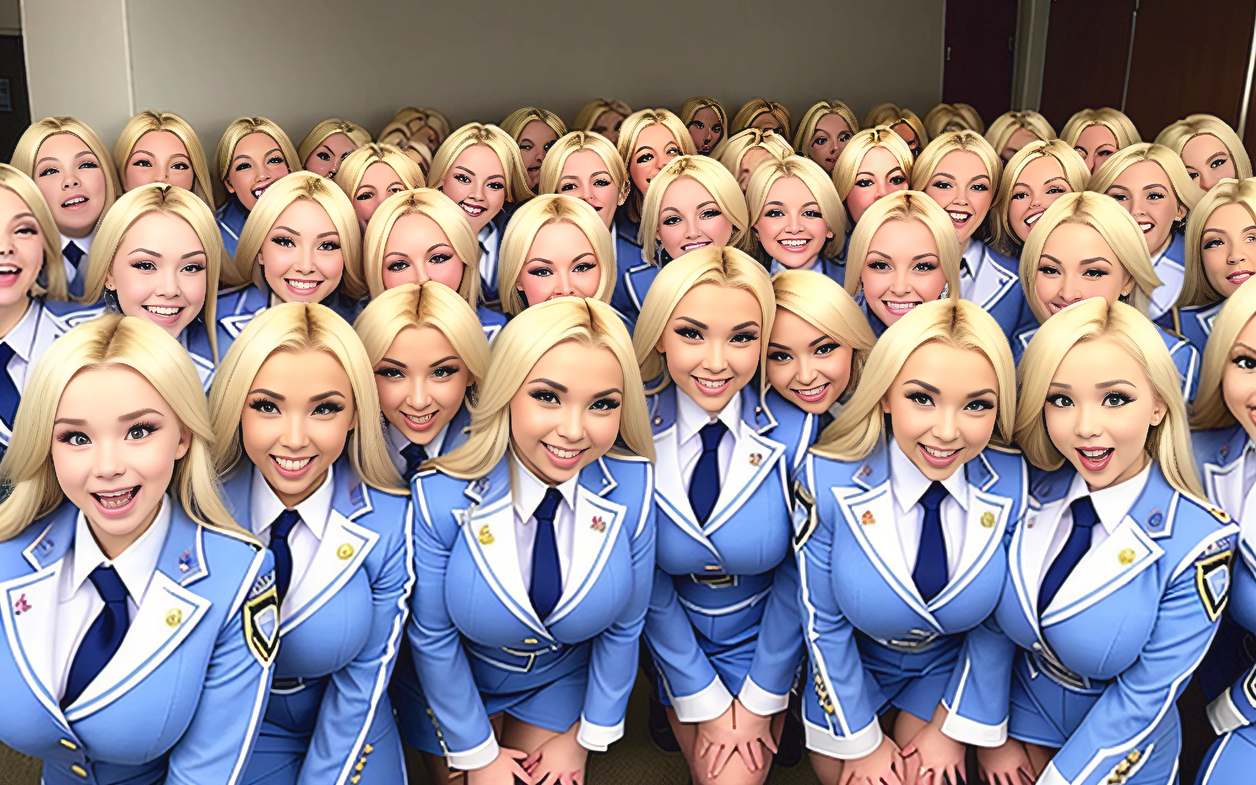 a close-up of a gathering of smiling busty Jessica Weaver clones with Dove Cameron's eyes wearing identical uniforms