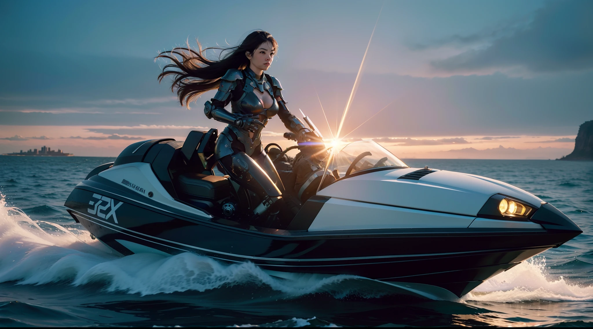 A girl drives a vehicle,Driving on the sea,(Extremely detailed Cg Unity 8K wallpaper),(((Masterpiece))),(((Best quality))),((Ultra-detailed)),(Best Illustration),((An extremely delicate and beautiful)),Dynamic Angle,Wind,classic,Spring,(Detailed light),(Sunlight),Beautiful and delicate water,(Painting),(Sketch),(full bloom),(Shine),From the movie《New Century Evangelion》,Black Themes,Best quality,Masterpiece,Realistic,professional,Vivid colors,Ultra-fine painting,Portrait,anime big breast,Photogram,number art,Fantasyart,3d graphic,Cinematic_lighting,Strong_rim_Light,rim-light,Ambient_Light,Tyndall effect,moodylighting,Huge_filesize,Real,Male pervert,Mecha musume,Cyborg man,Tights combat suit,power armour,Cut clothes,Japanese_Armor, Steampunk style, Futuristic combat-ready motorboats skim the water with a ferocious presence. Intricate gears and brass fittings adorn its hull, Showcasing the perfect blend of advanced technology and Victorian aesthetics. This realistic masterpiece glitters in the sun, ready for action.