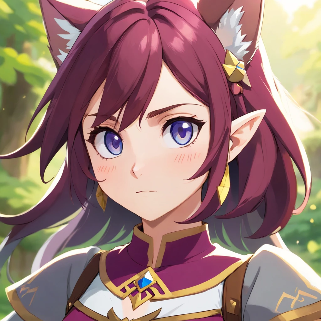 (masterpiece), best quality, expressive eyes, perfect face, fantasy cat girl, hand focused, shiek outfit, maroon hair, grey outfit