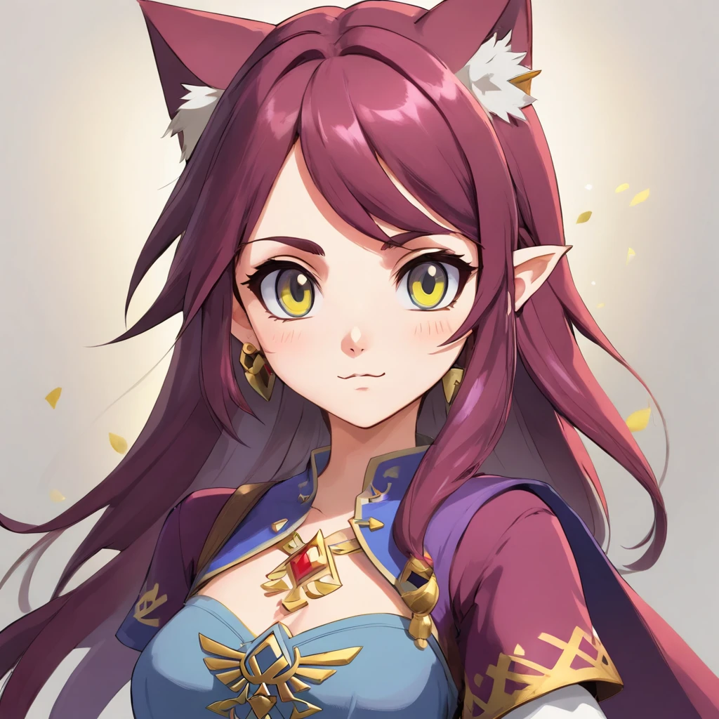 (masterpiece), best quality, expressive eyes, perfect face, fantasy cat girl, hand focused, shiek outfit, maroon hair, grey outfit