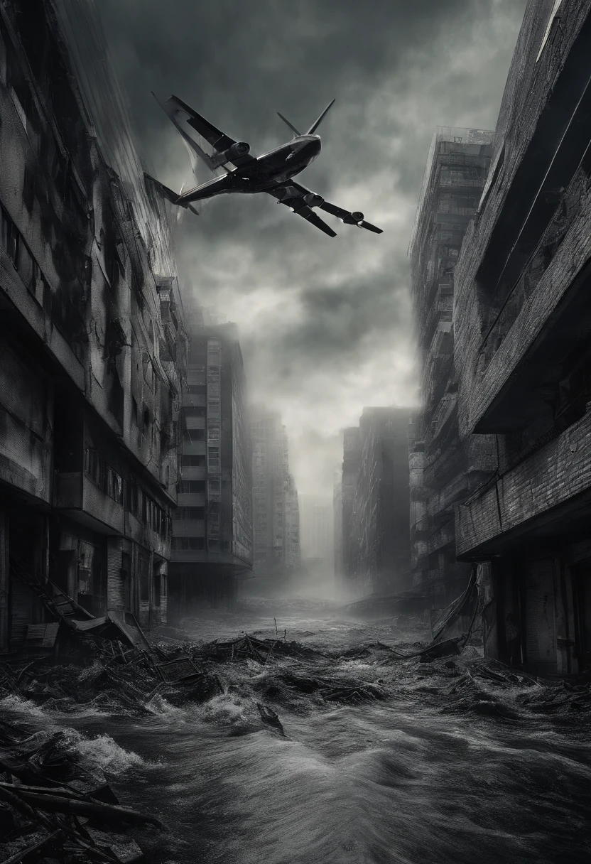 Create a cinematic cityscape，Great waves above buildings，Flooded half of the high-rise buildings，Dilapidated buildings，，Faint lights and towering tsunami waves pound the city's skyline. The lens should capture the absolute power and destructive power of the wave, The building in the foreground is partially submerged, debris flying, and the feeling that disaster is imminent. Long lens camera angle with EE 70mm lens on the Nikon D850, Aim for high resolution, Photorealistic rendering. Ensure that the scene is highly detailed, With HDR lighting, And convey a sense of urgency and confusion.Sense of oppression