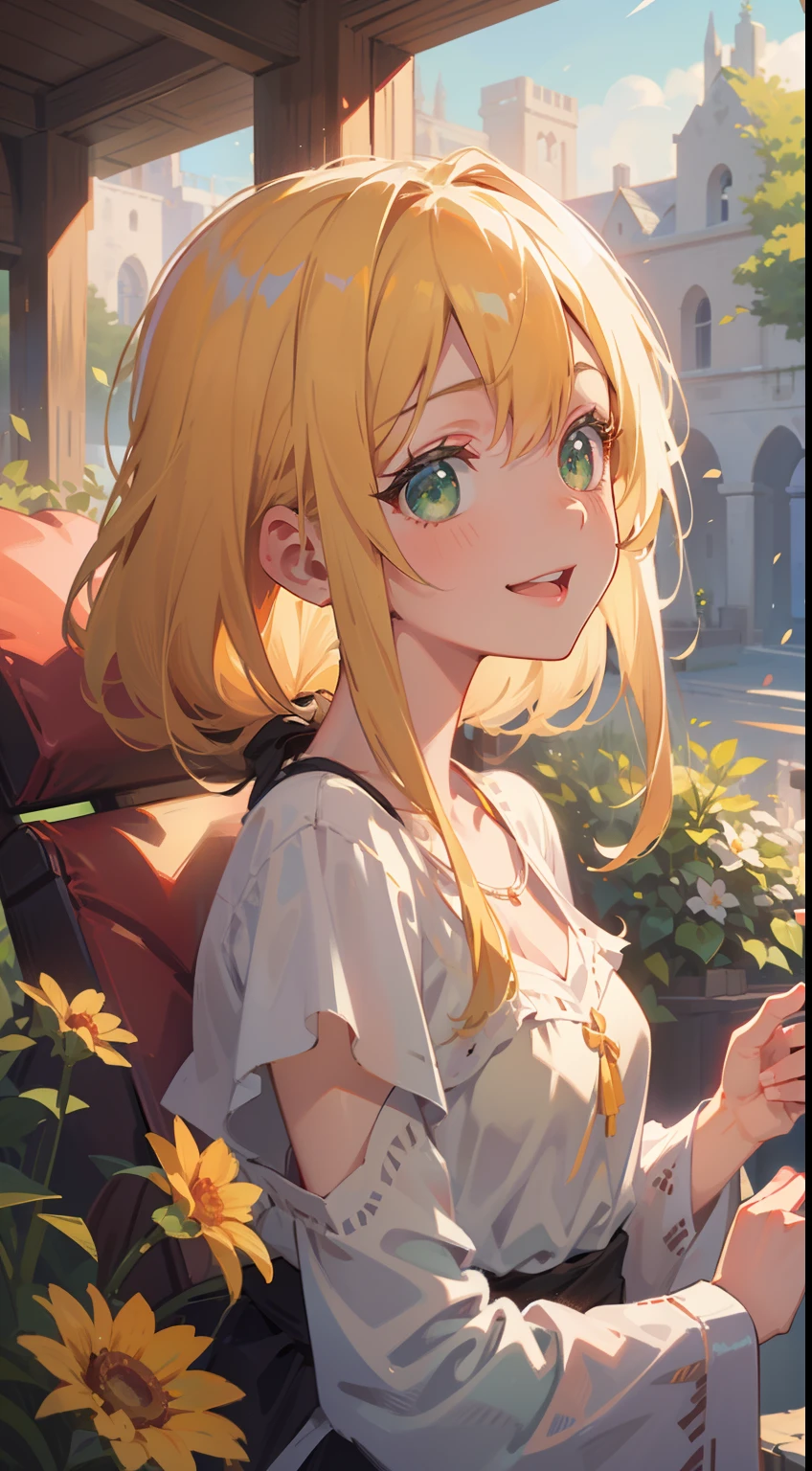 (masutepiece), (Best Quality), 超A high resolution, Cold pastel tones, Upper body, Medium Long Shot, nffsw, Lens Flare, (Medieval theme:1.2), ((1 mature woman, Solo)), Very stunning and gorgeous mature woman, beautiful detailed hair, blonde hair, a blond,Smooth long hair, poneyTail,beautifull detailed face, Perfect beautiful face, ((Beautifully shaped eyes, Green eyes)), look at viewr, Open lips, Smiles, Comfortable face, Standing in a flower meadow, Renaissance dresses