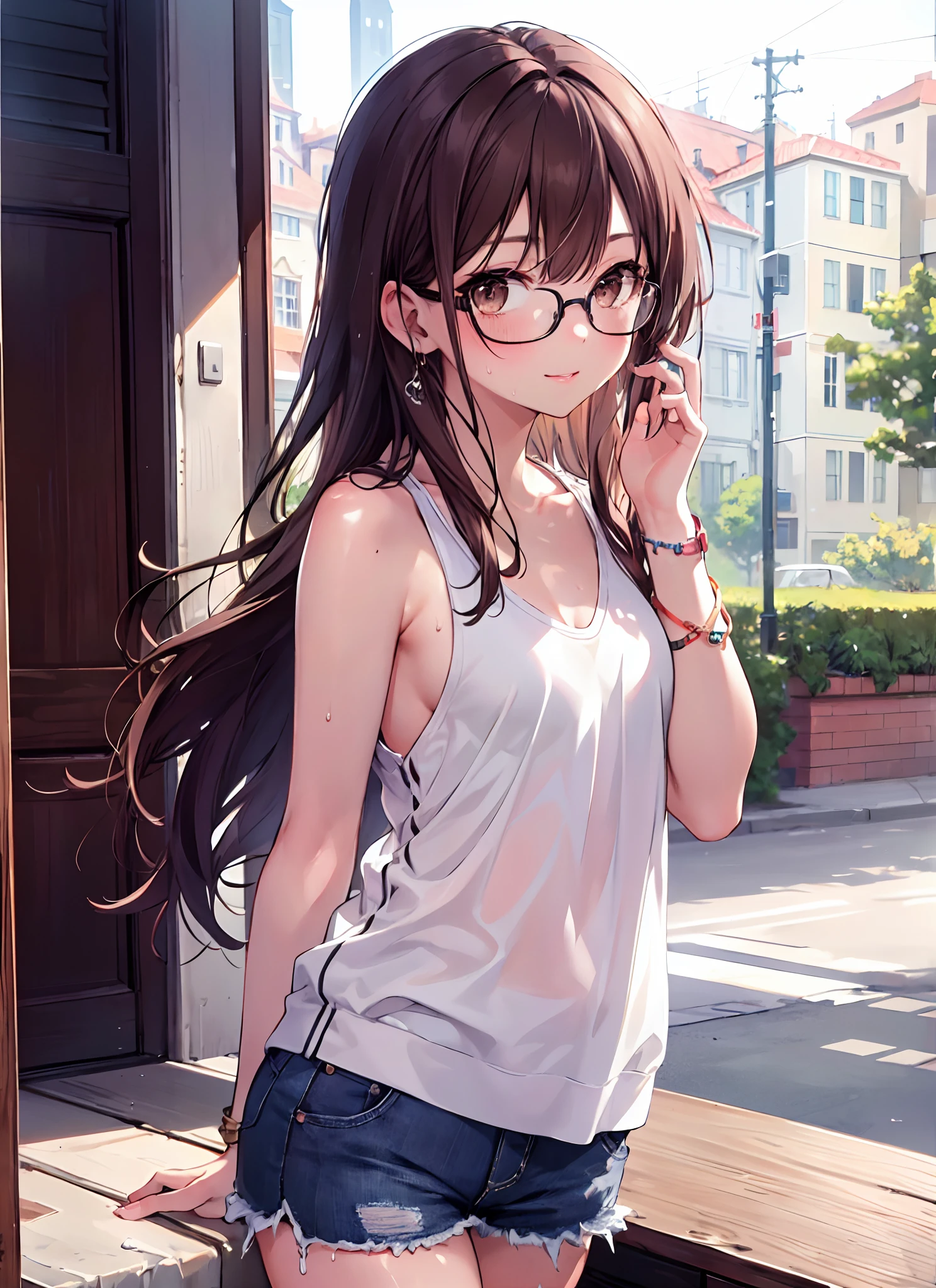 master piece, best quality, ultra-detailed, High, 4k),(beautiful detailed eyes),(very detailed face),(1 girl),HDR,long hair, shorts, Phone, brown eyes, brown hair, cell phone, bracelet, tank top, jewellery, watch, plucked lips, ground focus, nail polish, smile, wristwatch, realistic, blurry, Looking at Viewer, sweat, glasses, cuteness, hand on the lips