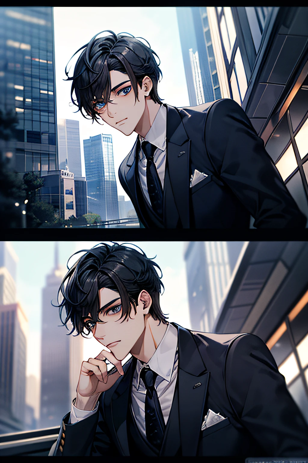In the vibrant setting of a modern fantasy city, A 24-year-old presents himself with a presence that evokes a combination of youth and maturity. SuHis short black Quiff hair with Soft Fringe (bangs part on side 3:7 ratio) frames an experienced and thoughtful face, while his blue eyes reflect a depth of thought. Dressed in a black suit that flows elegantly, Adorned with white details that shine in harmony with the city light. Adorned with blue details that shine in harmony with the city light. En un plano medio, Your character looks toward the viewer with an expression that captures their determination and a touch of mystery...... en el fondo, The modern city comes alive with futuristic skyscrapers and age-defining technology. En este escenario de maravillas y retos por descubrir, He personifies the fusion of youth and wisdom in a world full of opportunities....detail eyes, detail face.