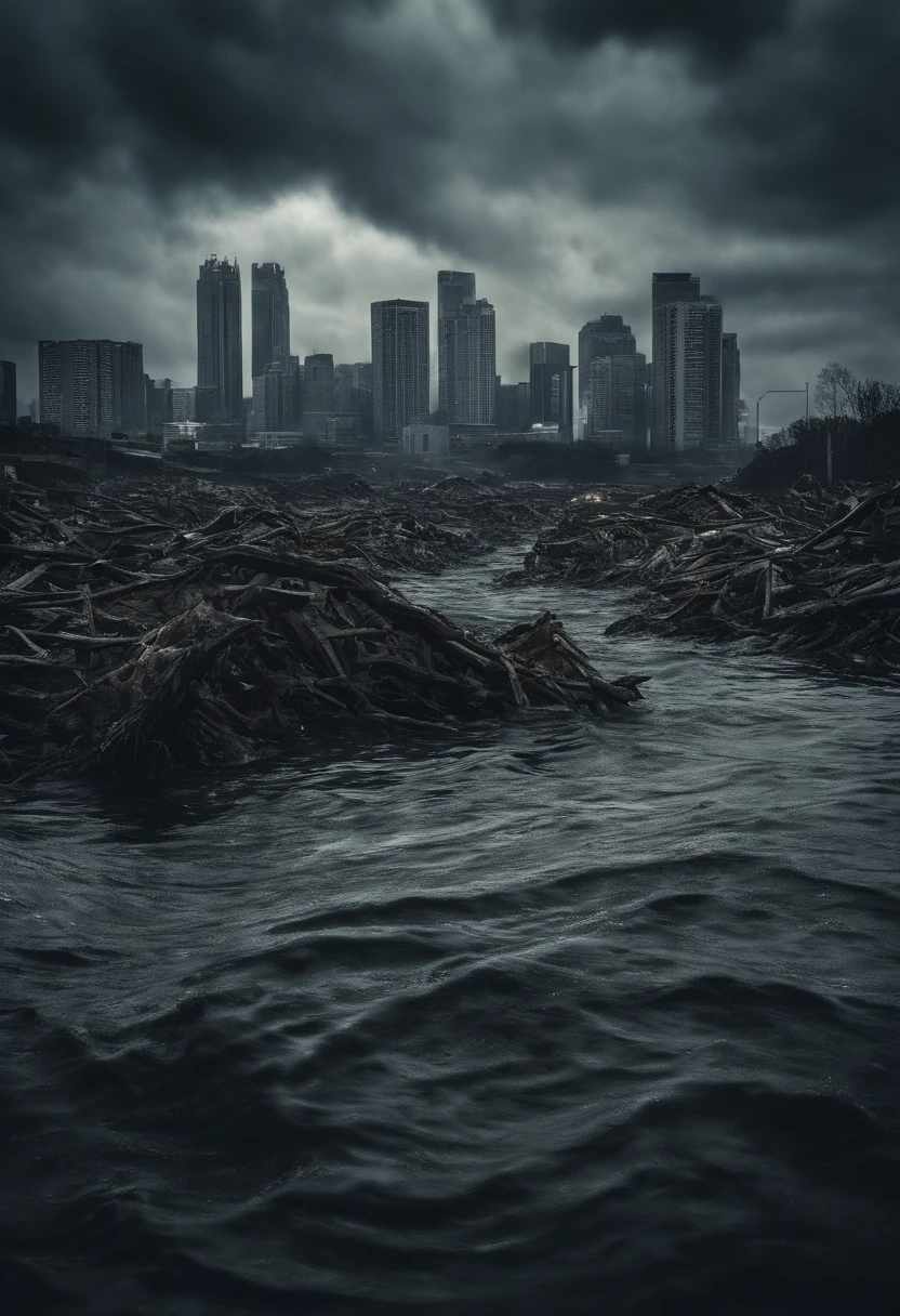 Create a cinematic cityscape,A huge monster in the sea,Flooded half of the high-rise buildings,Dilapidated buildings,,Faint lights and towering tsunami waves pound the city's skyline. The lens should capture the absolute power and destructive power of the wave, The building in the foreground is partially submerged, debris flying, and the feeling that disaster is imminent. Long lens camera angle with EE 70mm lens on the Nikon D850, Aim for high resolution, Photorealistic rendering. Ensure that the scene is highly detailed, With HDR lighting, And convey a sense of urgency and confusion.Sense of oppression