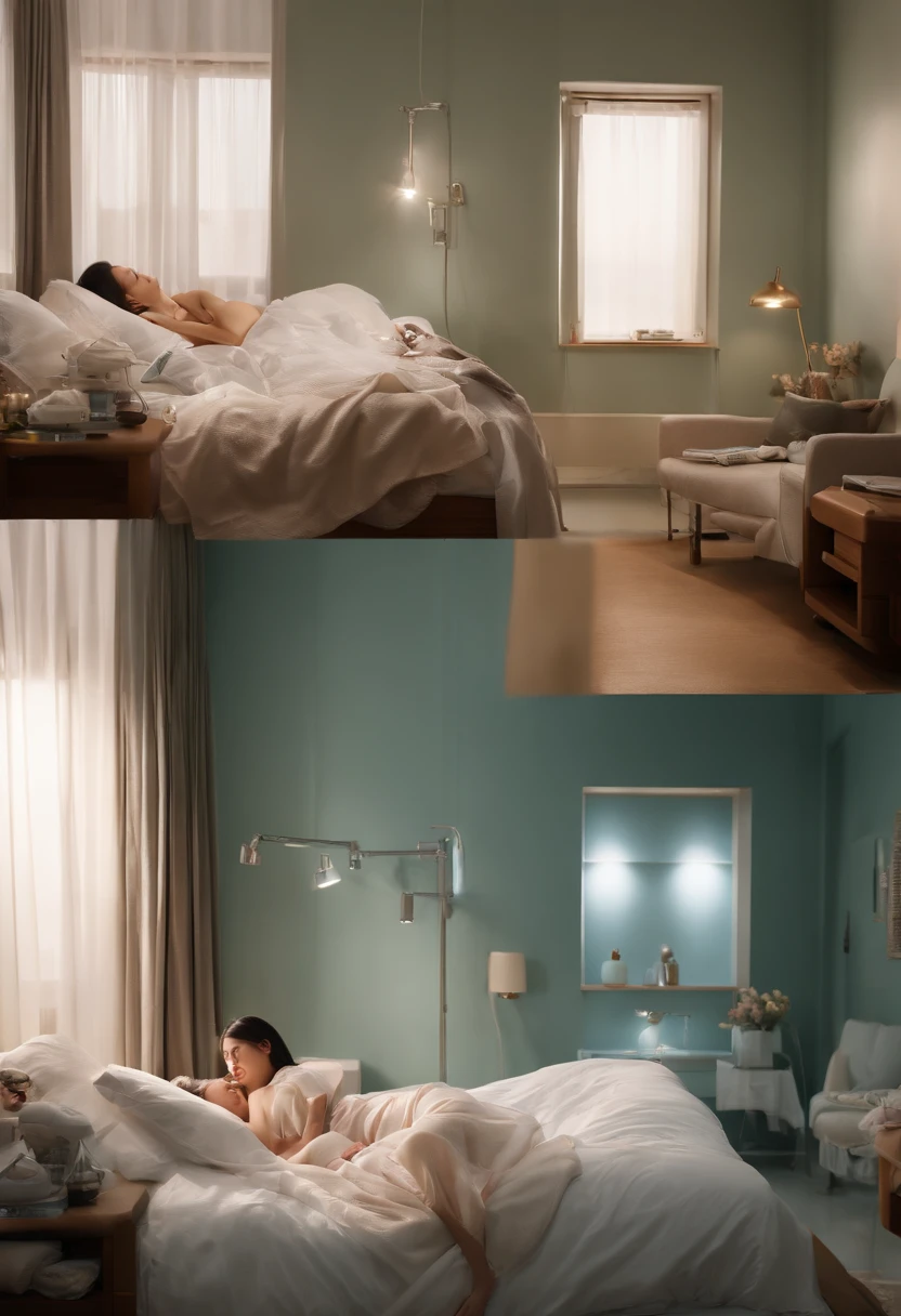 ( (8K:1.27)、top-quality、masterpiece、超A high resolution:1.2)、Solo、Are sleeping、 feet to the ceiling,、Naked、A dark-haired、Long straight hair、huge tit、In the hospital、Hospital Room