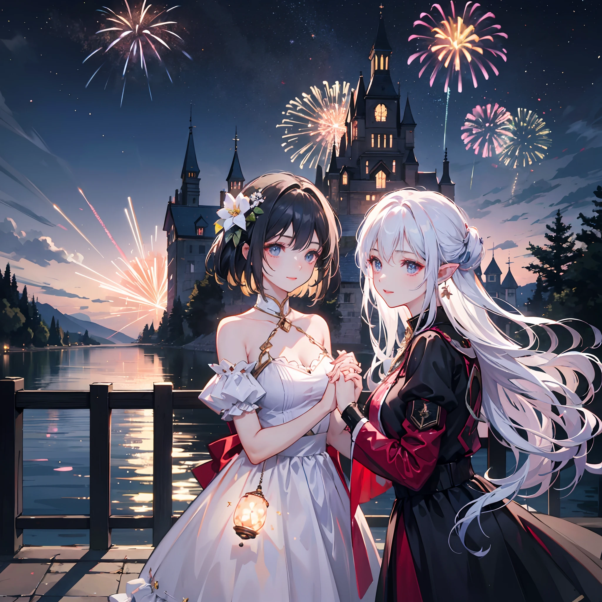 ,masterpiece, best quality,8k, ultra highres,Late night falls,The sky was gradually engulfed in darkness,The sneaking stars began to twinkle。An old castle stands on top of a rock,Its edges are surrounded by starry fireworks。
The exterior of the castle looks mysterious and majestic against the backdrop of night,It was shrouded in a faint mist,It gives a dreamy feeling。The castle's minarets are dotted with ornate fireworks,Bloom with colorful brilliance。The light and shadow of fireworks are woven into brilliant patterns in the night sky,Create a dreamlike scene。
Stand on the square in front of the castle,A young couple holding hands,Stroll through the pebbles-paved pavement。The castle behind them emitted a faint glow,Illuminates the silhouette of the two。The girl's long hair fluttered in the wind,She wore a gorgeous long dress,It looks particularly elegant against the backdrop of fireworks。And the boy's smile,More tenderness and love。
The square is surrounded by a fairytale landscape,Charming music wafts。Elves flutter among the trees,They are dressed in colorful feathers,Fireworks in hand,Throw them into the sky。Each firework blooms into a tiny star in the air,Shine in the night。
The lake not far away shimmered faintly in the darkness,Like a jewel set in the earth。There are fishing boats floating on the lake,The people on board raised their glasses,Bless this wonderful moment。They laughed,A romantic place celebrating at night。
The whole scene is full of fantasy and fantastic elements,The brilliance of fireworks、The tranquility of the lake、The mystery of the castle,Everything constitutes an aesthetic mood,It is as if you have entered a mythical world。
